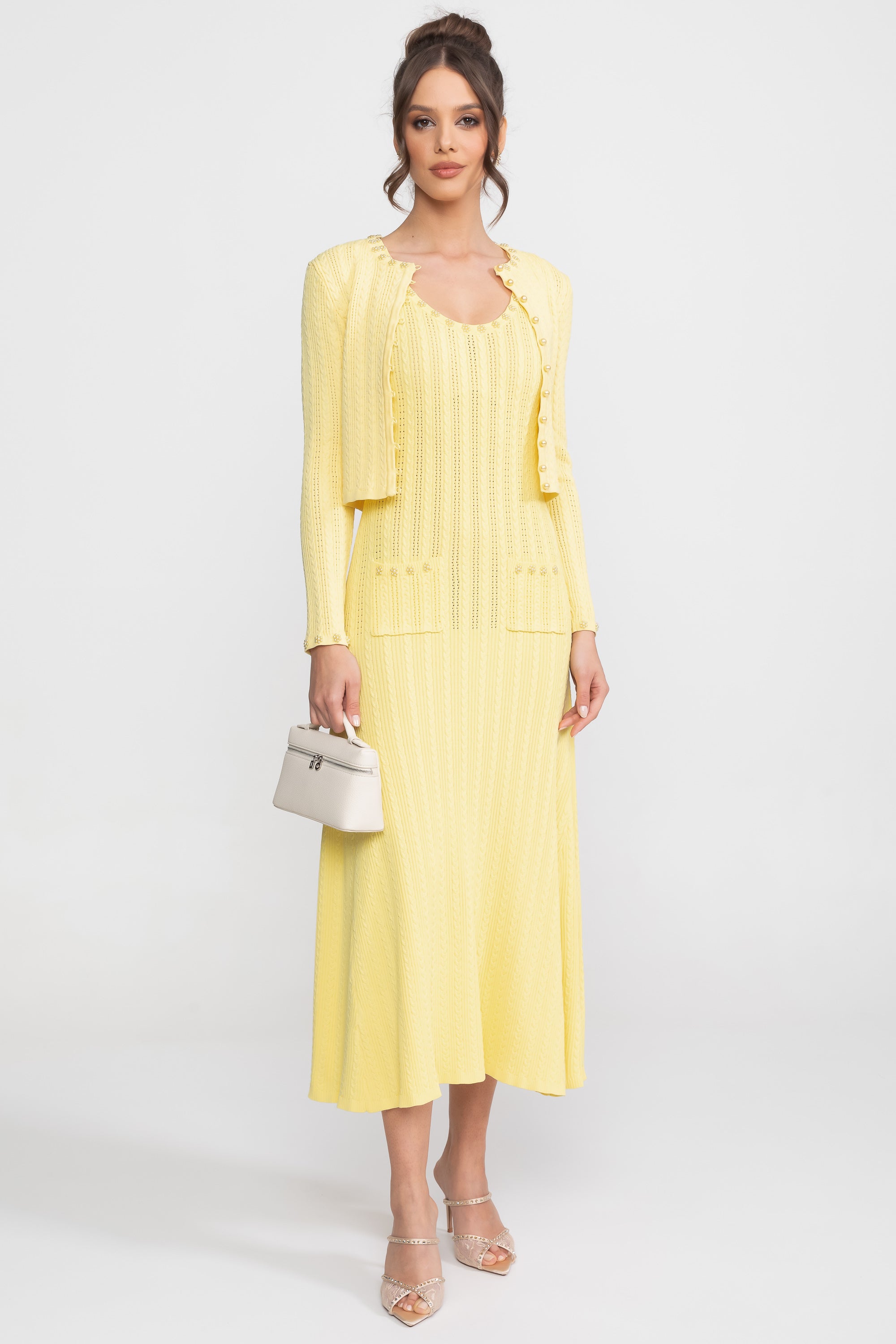 Ribbed Knit Dress and Cardigan Set With Pearl Button Detailing - Yellow