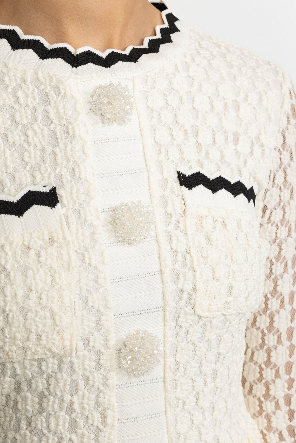 Crochet Knit Peplum Midi Dress with Ric-Rac Trim - Off-White