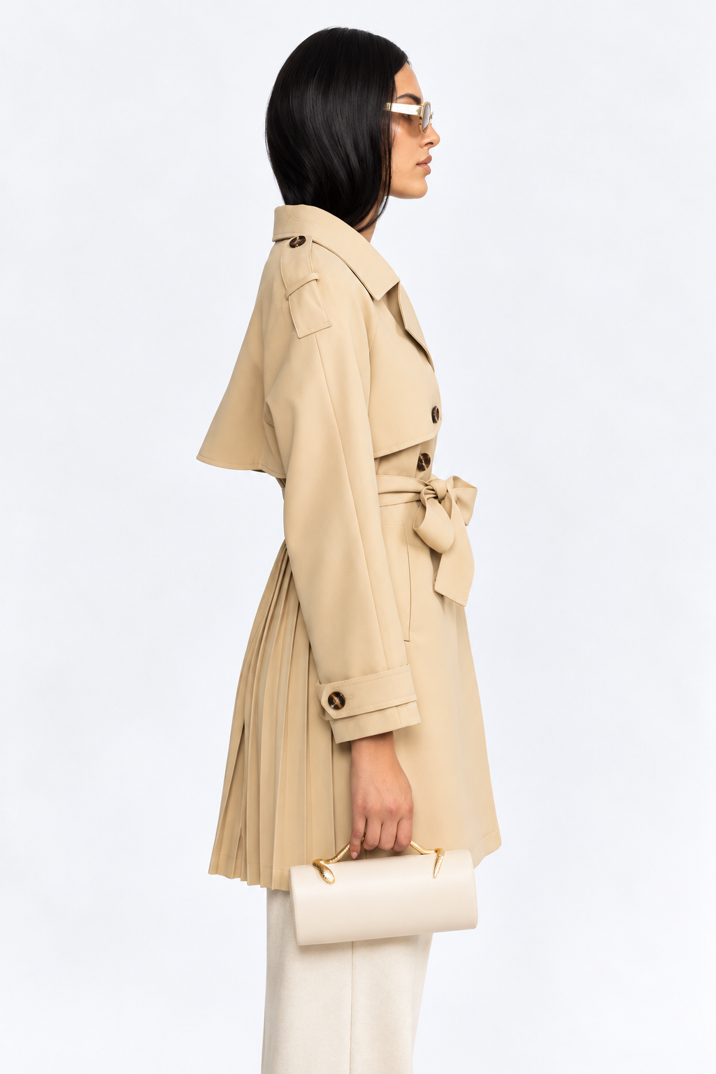 Pleated Back Belted Trench Coat - Khaki