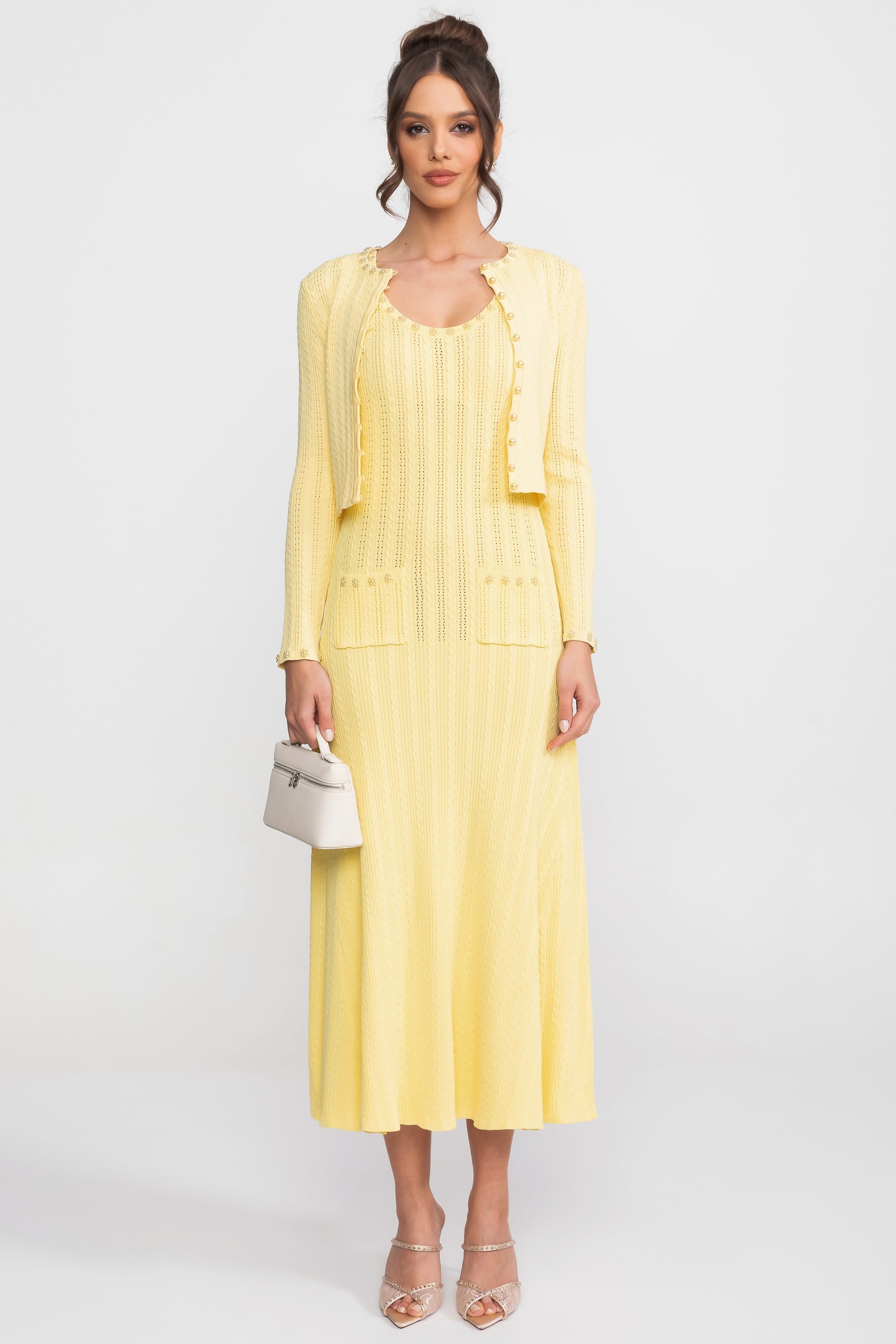 Ribbed Knit Dress and Cardigan Set With Pearl Button Detailing - Yellow