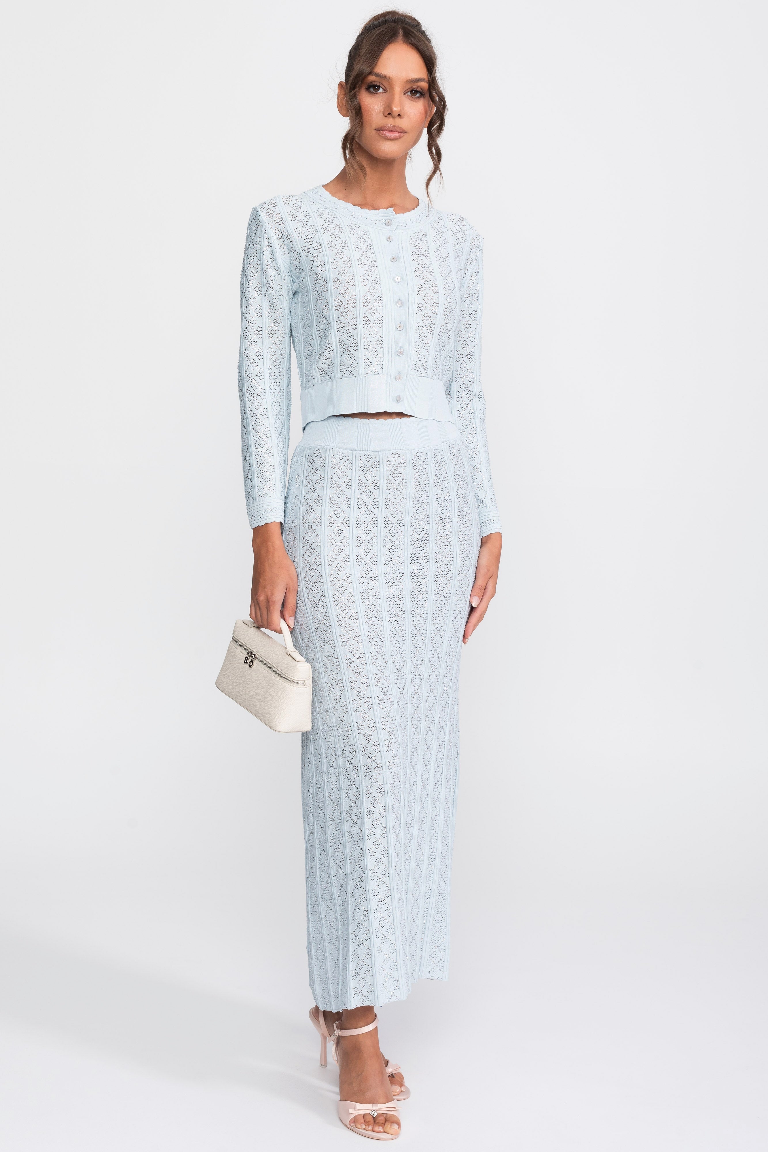 طقم محبوك بتفاصيل Eyelet مع كارديغان وتنورة ماكسي - Light Blue