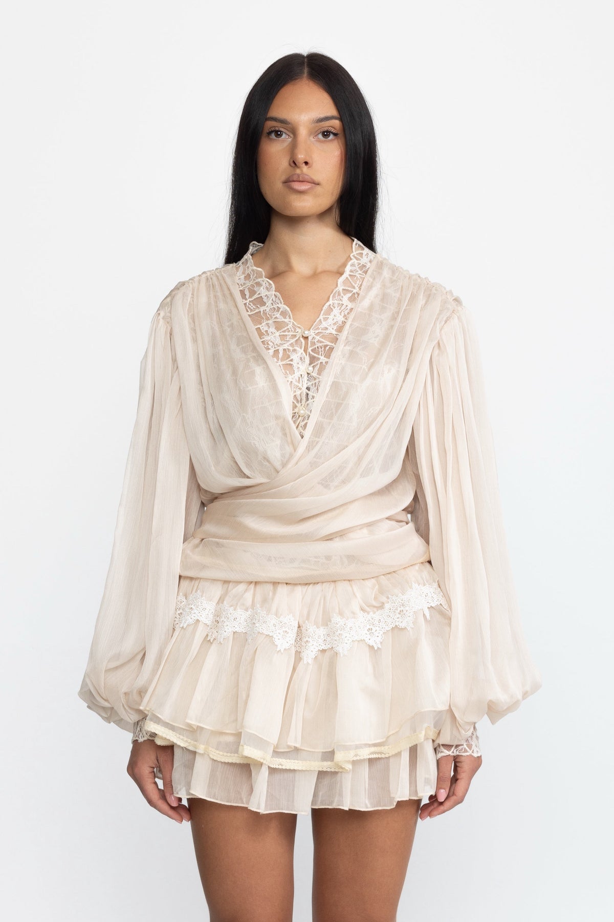 Lace Inset Chiffon Wrap Blouse and Ruffle Mini Skirt Co-ord Set - Beige