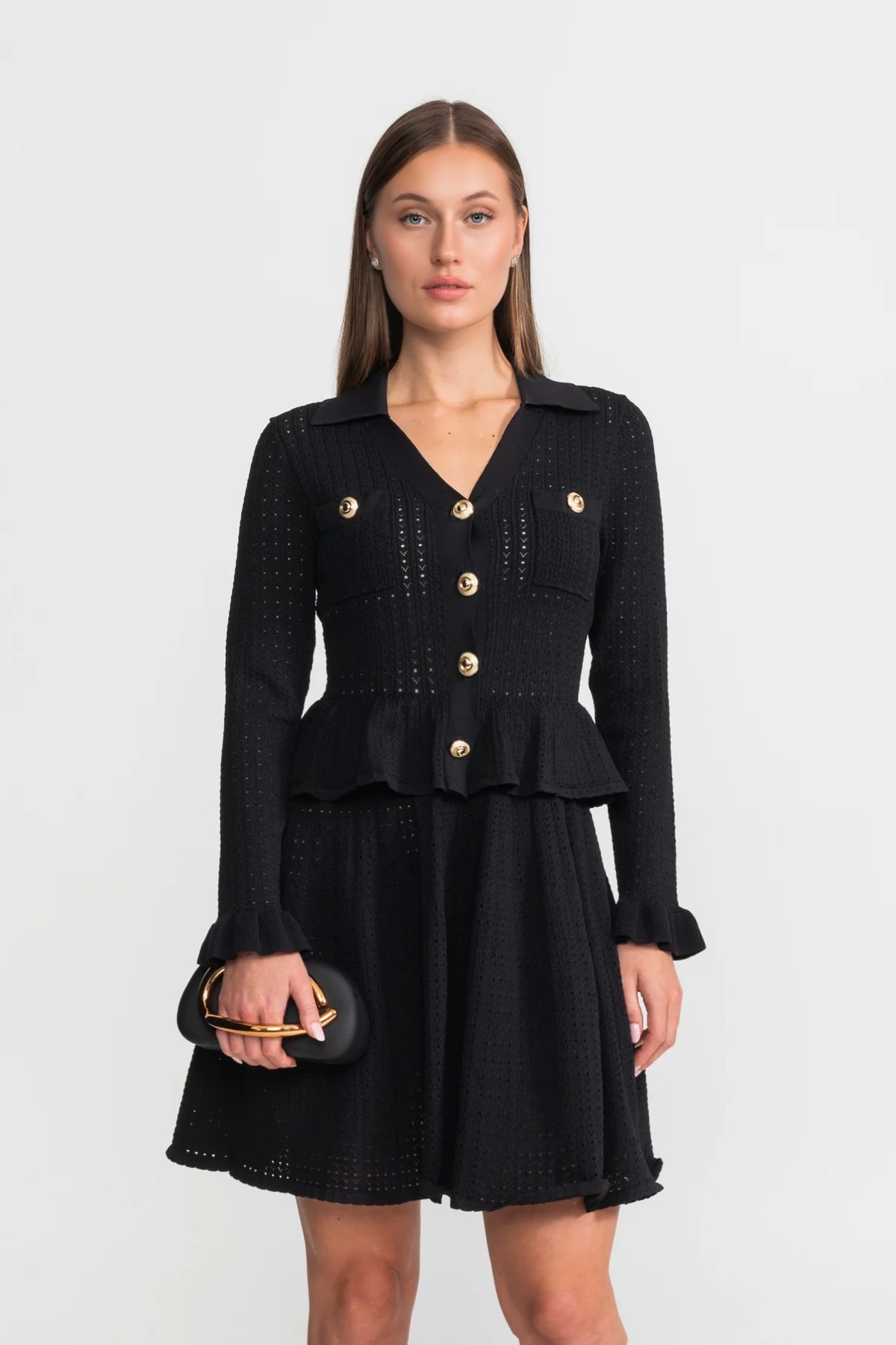 Knit Mini Dress with Peplum Waist and Gold Button Detail - Black