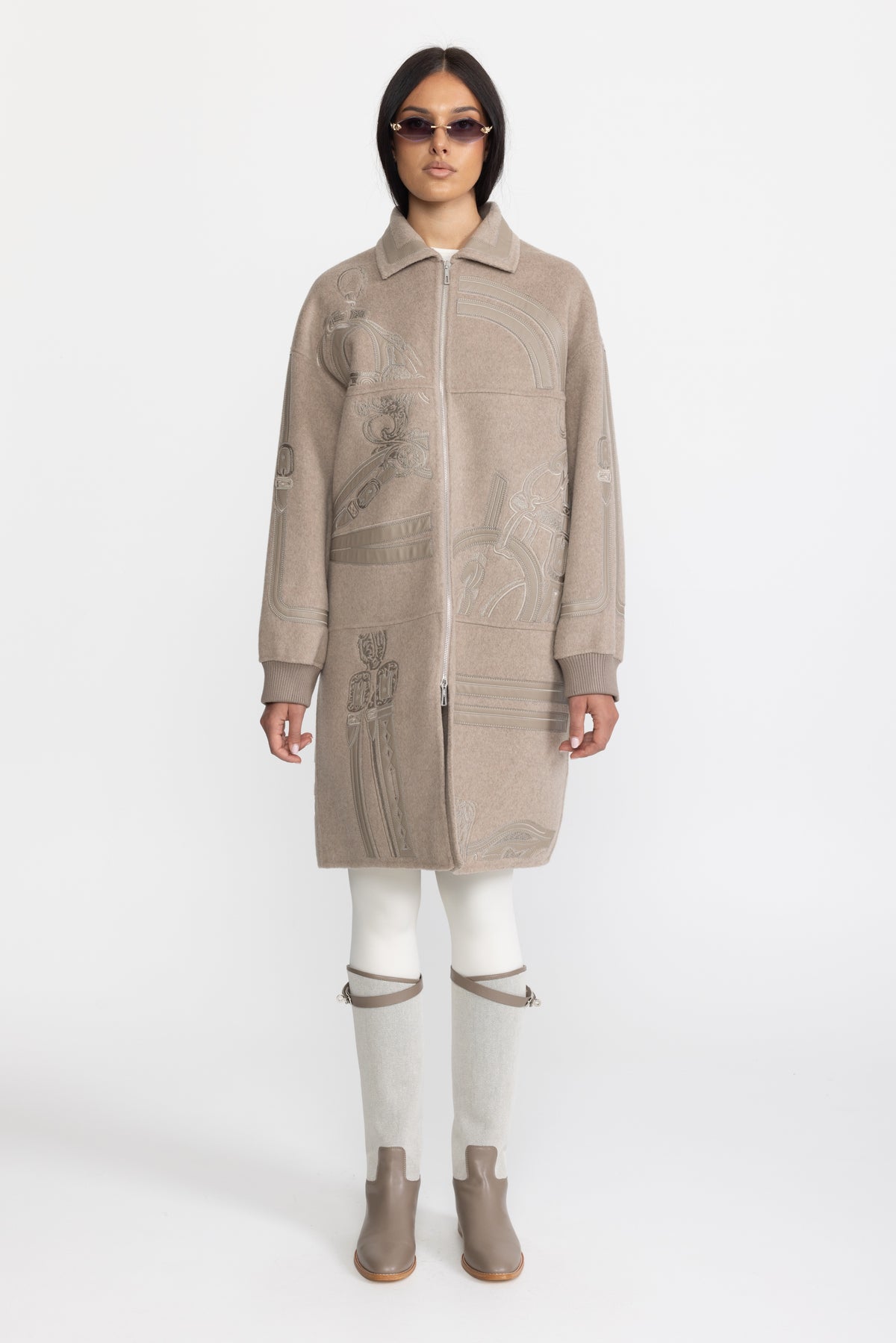 Equestrian Applique Embroidered Wool Zip Coat - Taupe
