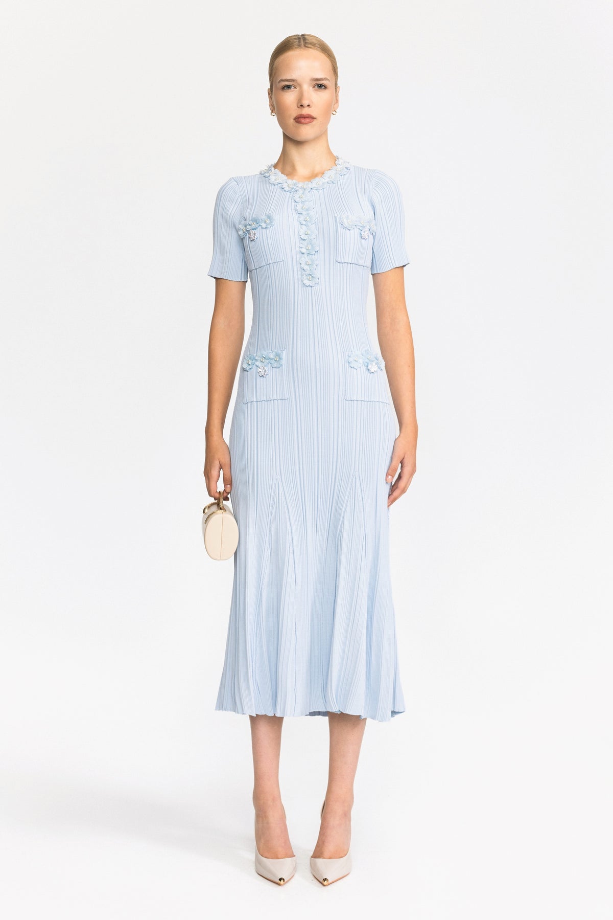 Ribbed Knit Flower Appliqué Midi Dress - Light Blue