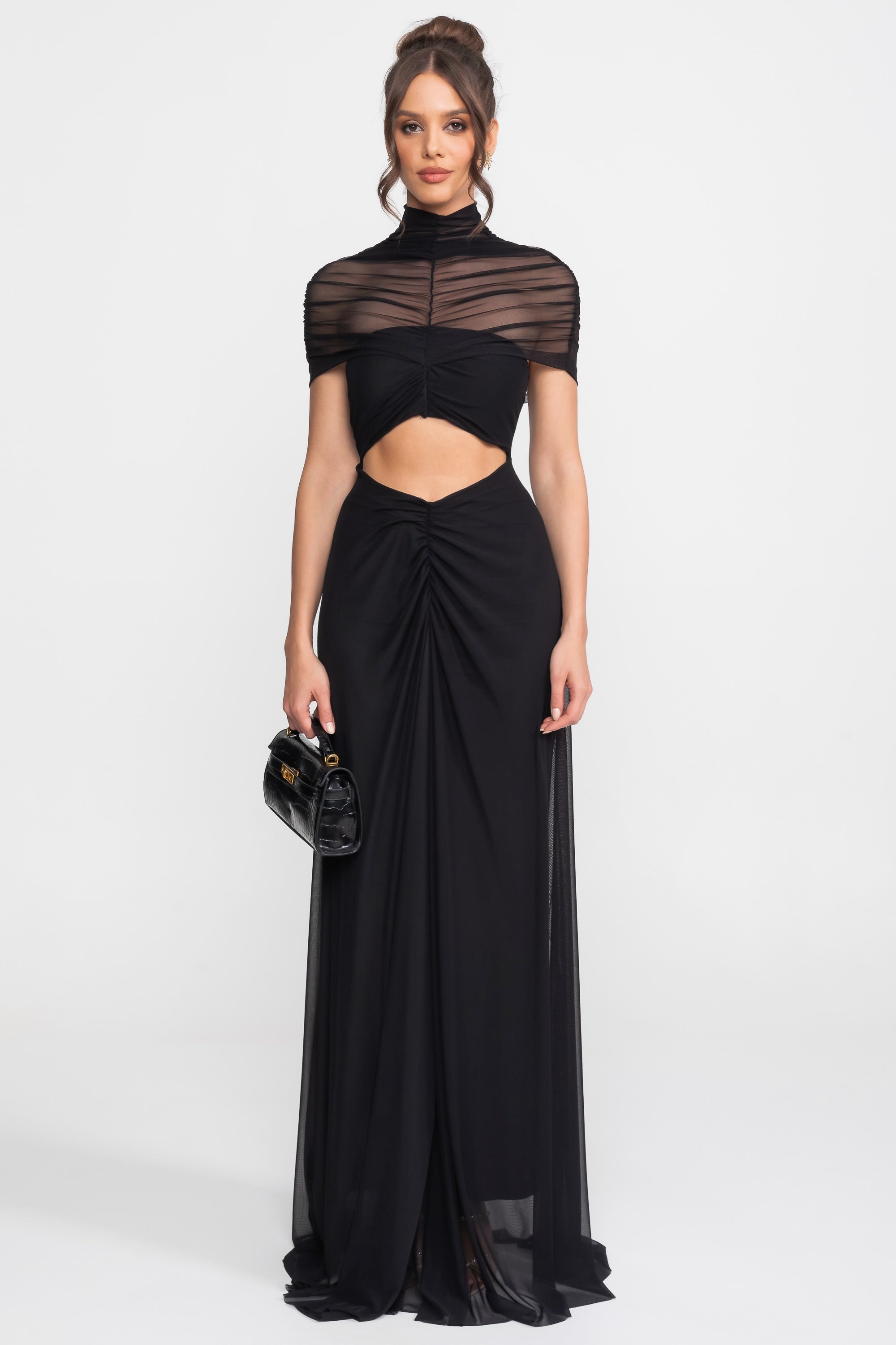 Ruched Off-The-Shoulder Maxi Dress With Cut-Out Waist - Black