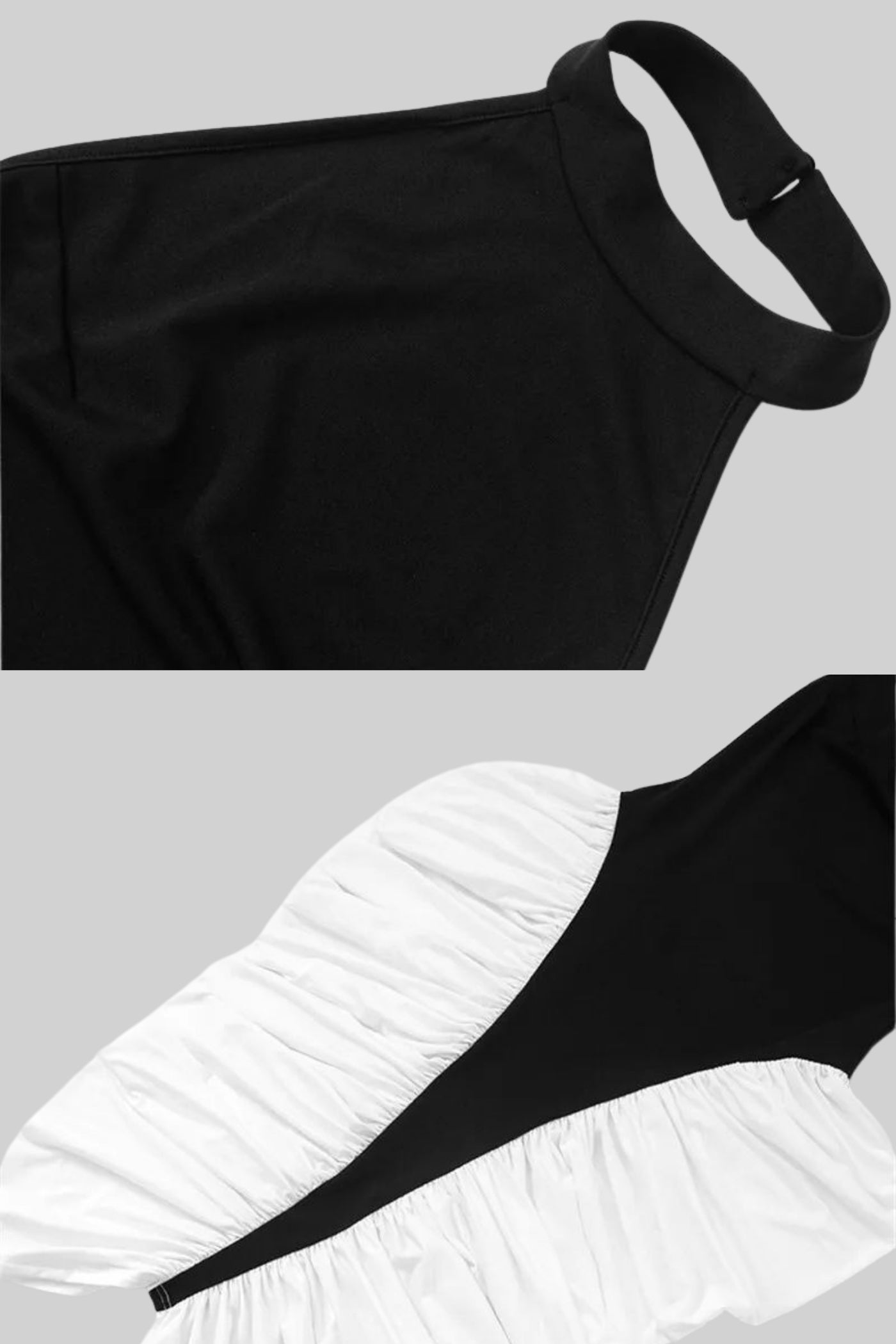 فستان ميدي هالتر مزدوج اللون مع تفاصيل التجعيد – أسود وأبيض