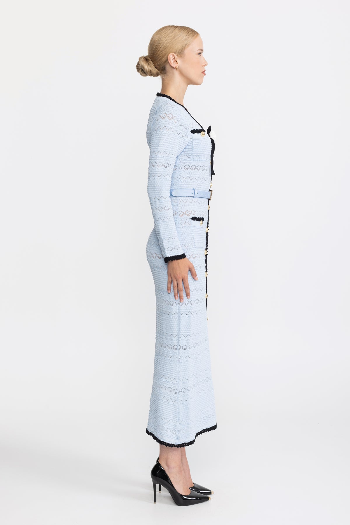 Crochet Trim Knit Button Midi Dress with Flower Brooch - Light Blue