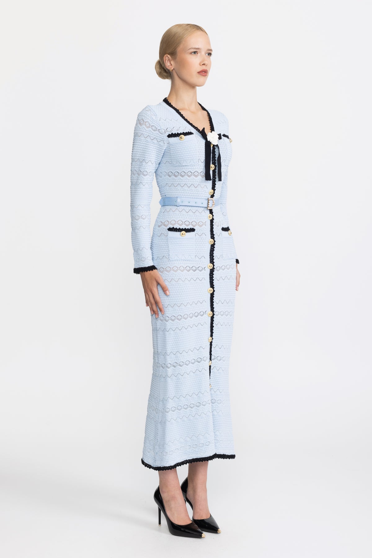 Crochet Trim Knit Button Midi Dress with Flower Brooch - Light Blue