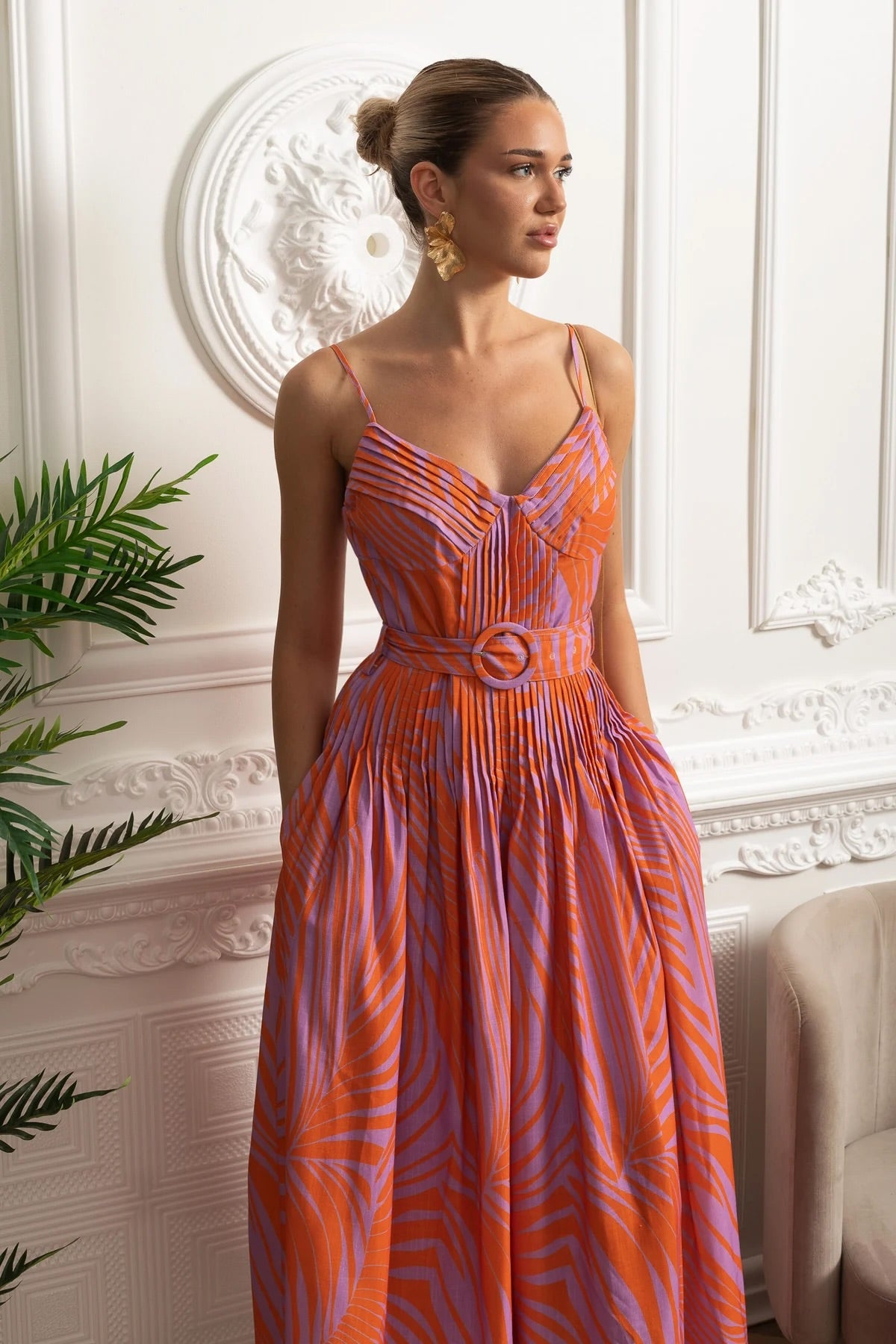 Pleated Bust Belted Midi Dress with Spaghetti Straps - Red