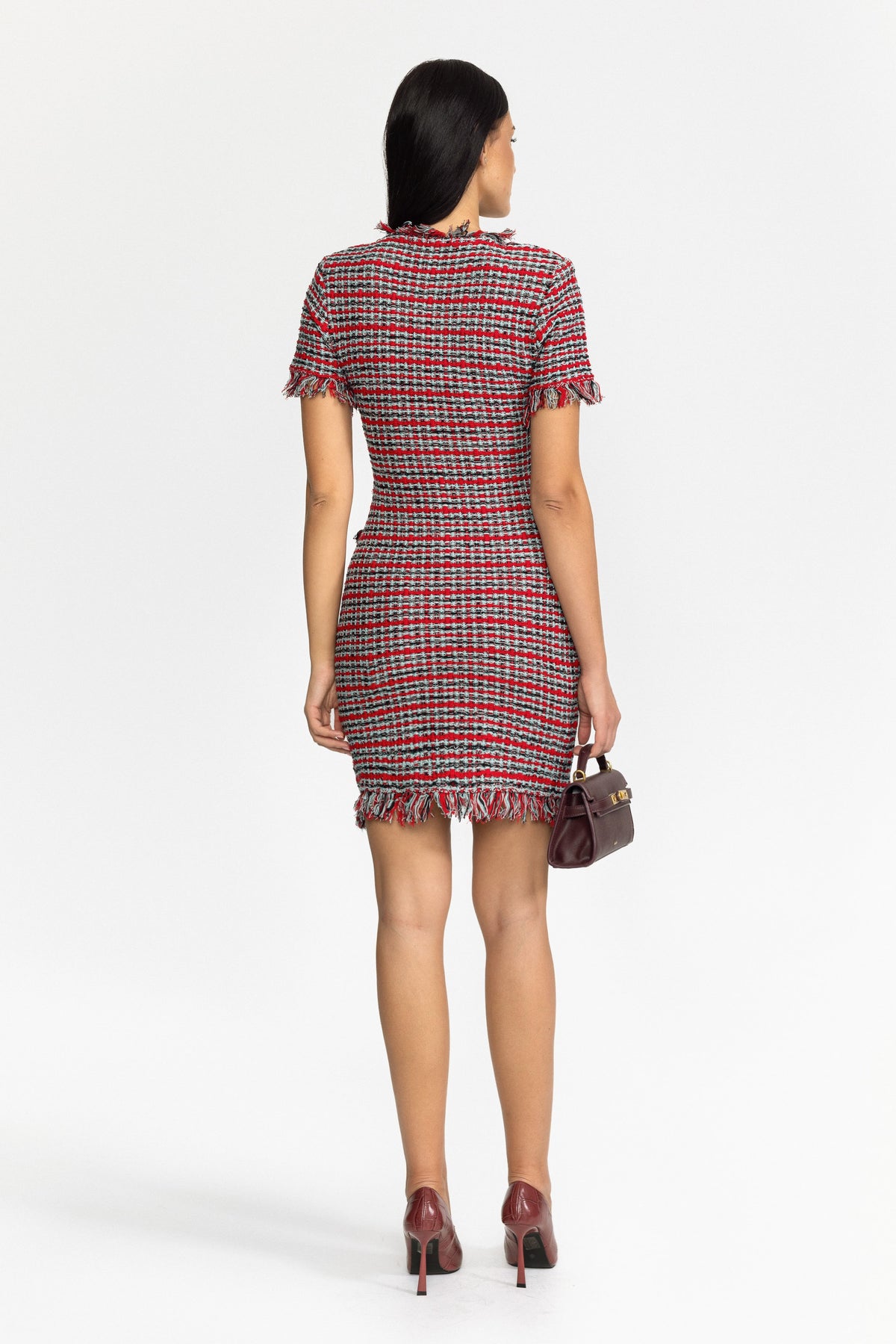 Fringed Tweed Knit Mini Dress - Red Multi