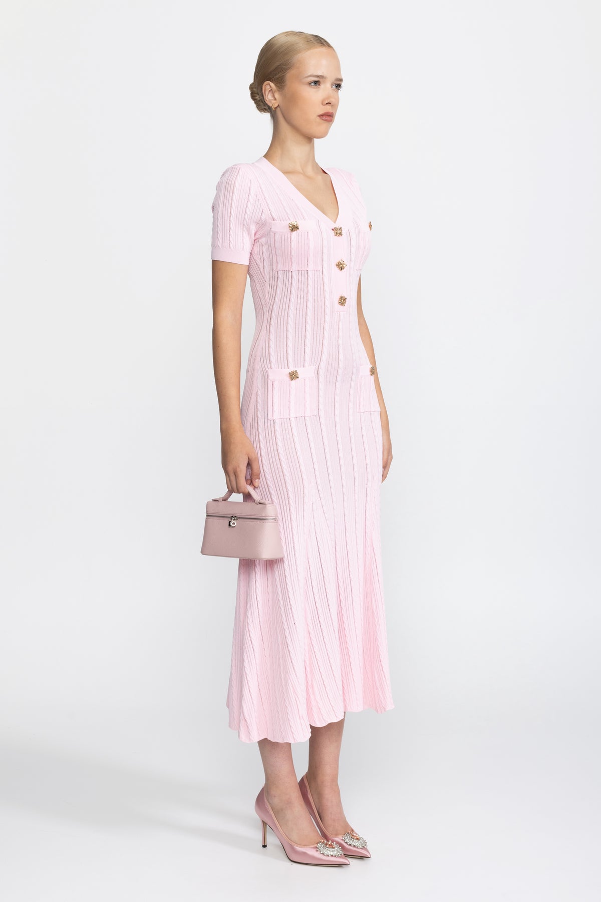 Cable Knit Jewel-Button Midi Dress - Pink