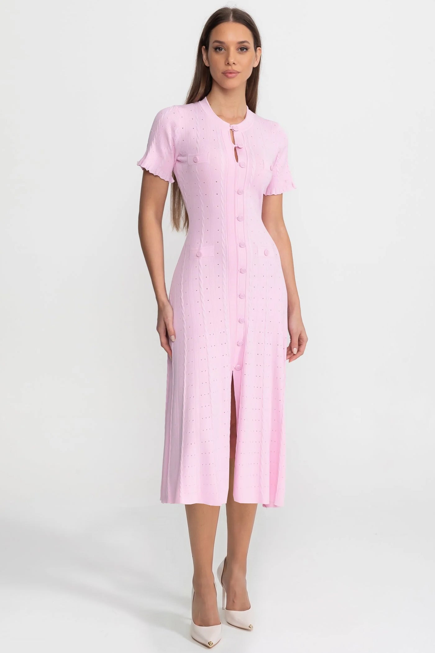 Knit Button-Front Midi Dress with Scalloped Sleeves – Pink