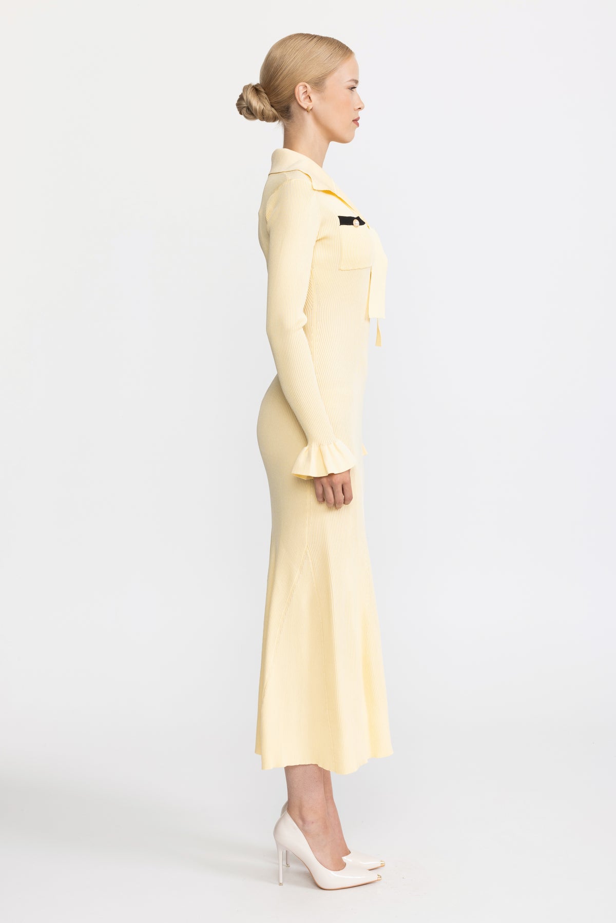 Tie Neck Rib Knit Ruffle Cuff Midi Dress - Yellow