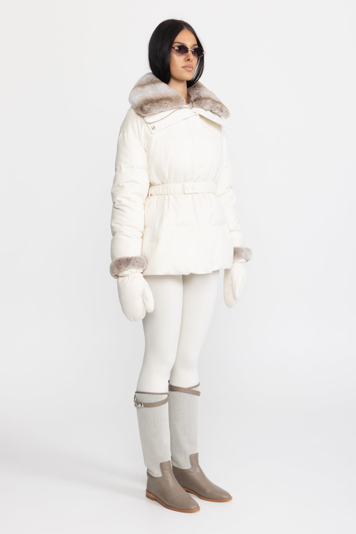 Rex Rabbit Fur Collar Cotton-Silk Down Jacket - Ivoire