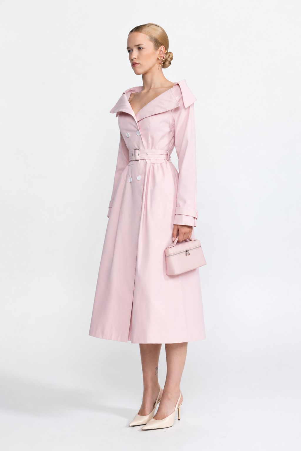 Off-Shoulder Collar Belted Trench Dress - Pink