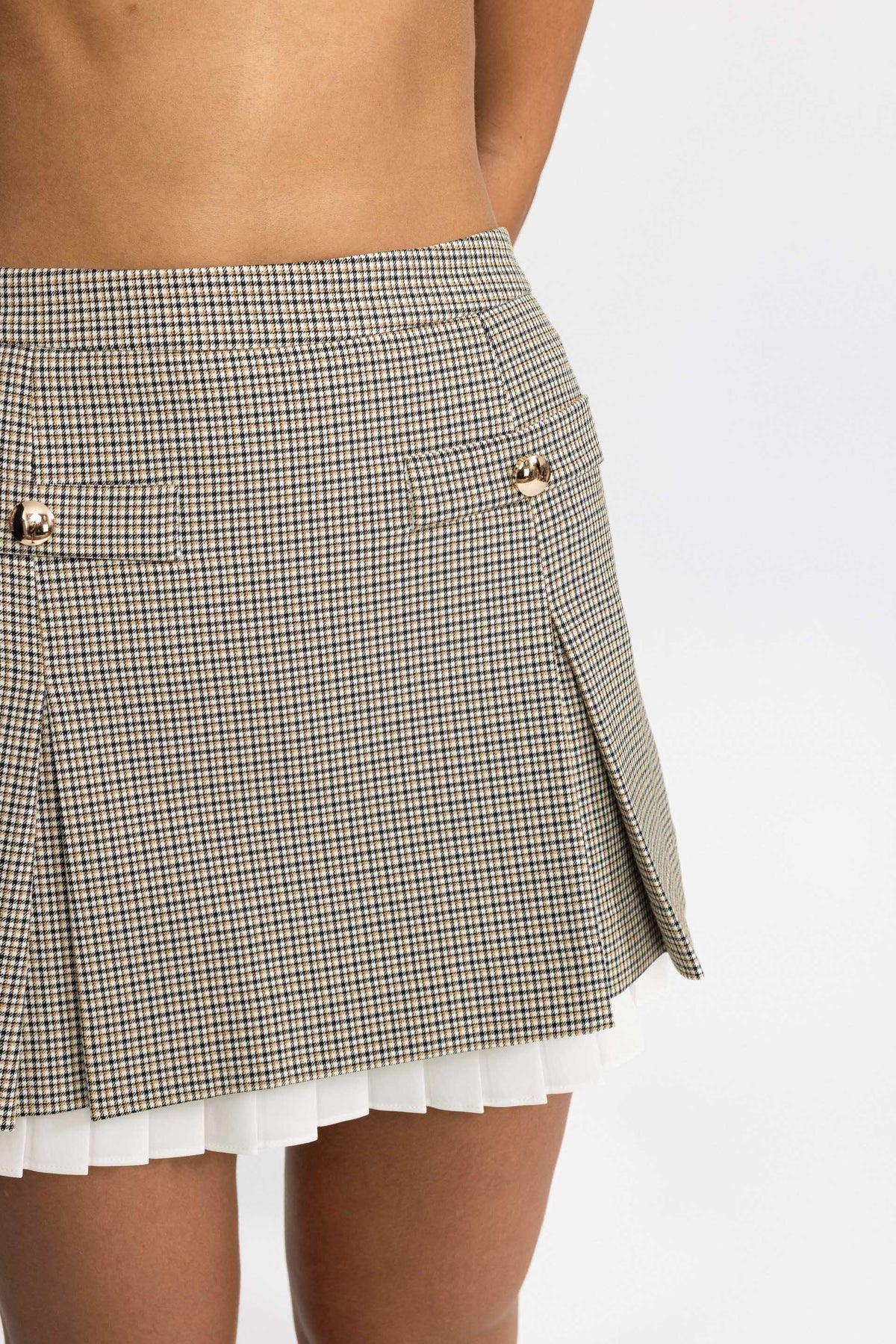 Houndstooth Bomber Jacket and Pleated Mini Skirt Set - Beige