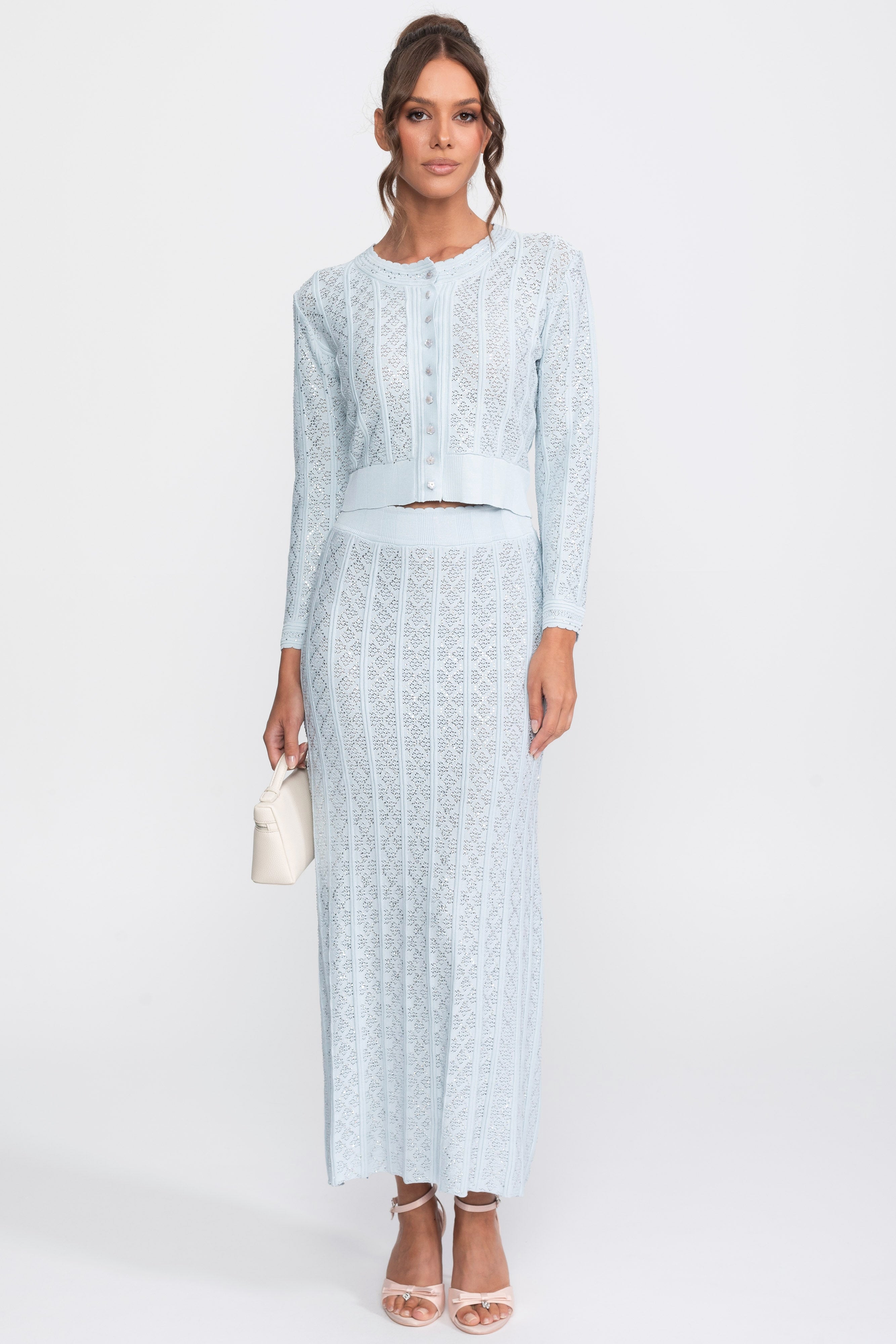 طقم محبوك بتفاصيل Eyelet مع كارديغان وتنورة ماكسي - Light Blue