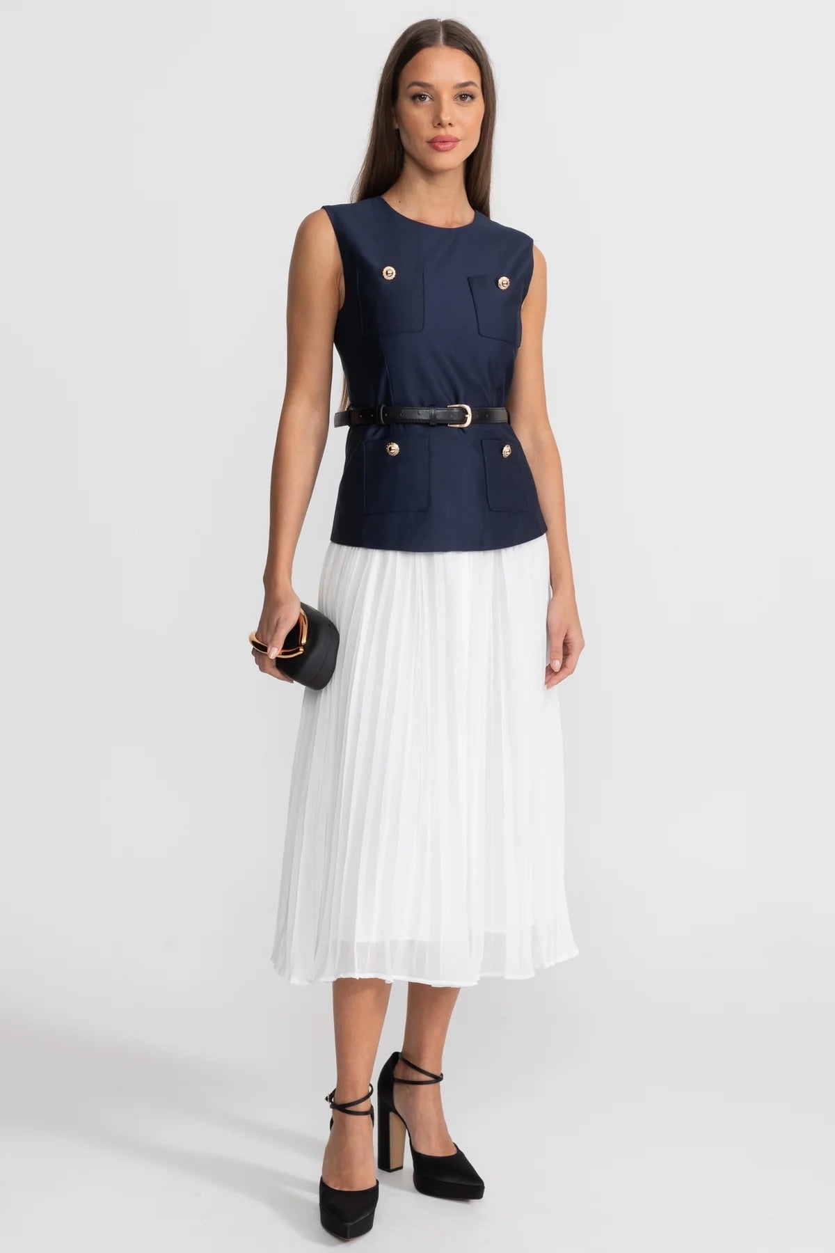Sleeveless Midi Dress with Belted Waist and Contrast Skirt - Navy
