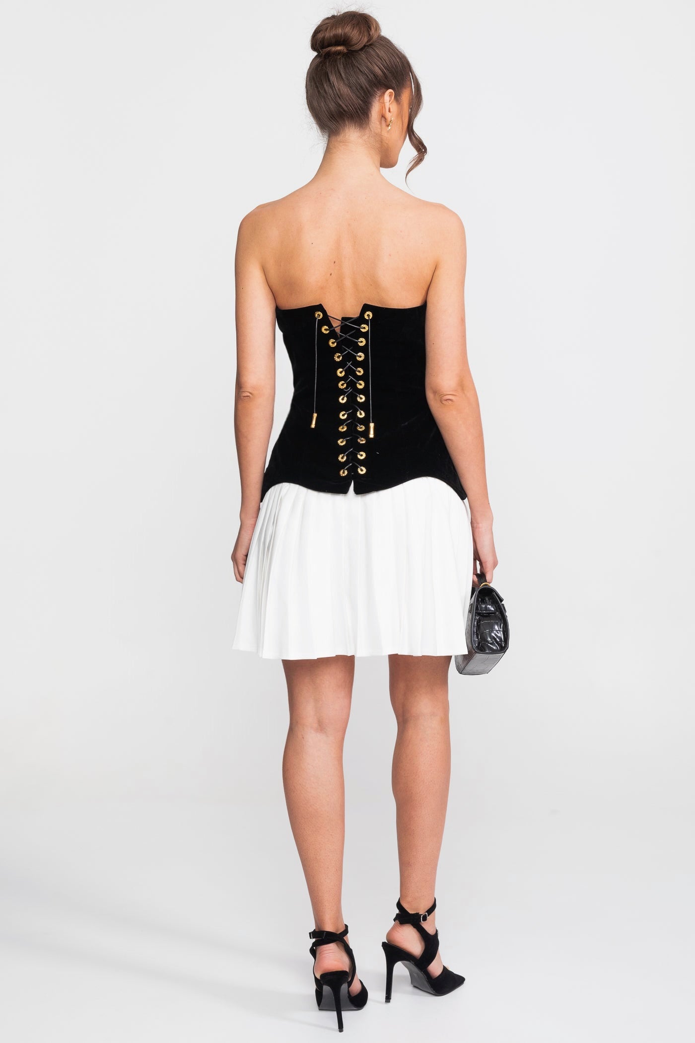 Strapless Velvet Mini Dress With Contrast Pleated Skirt - Black