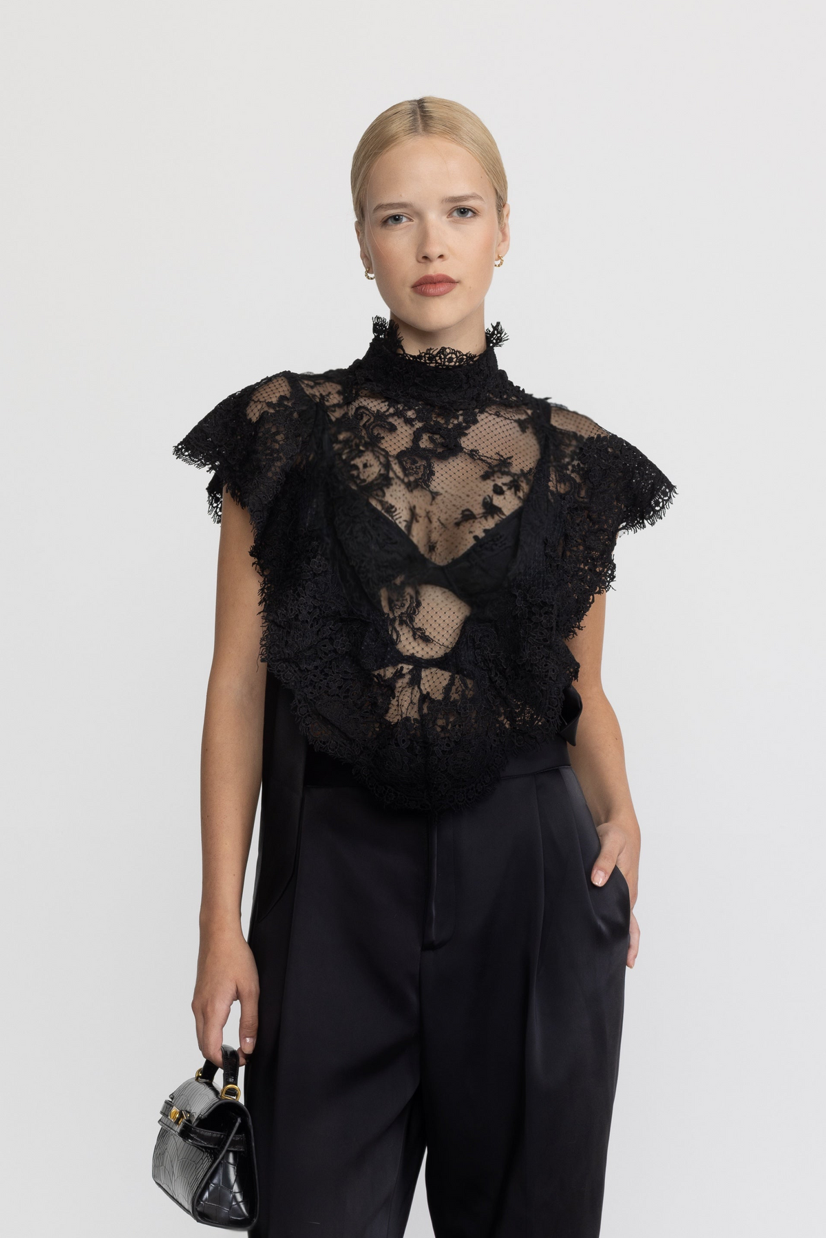 Sheer Lace Ruffle Mock Neck Top - Black