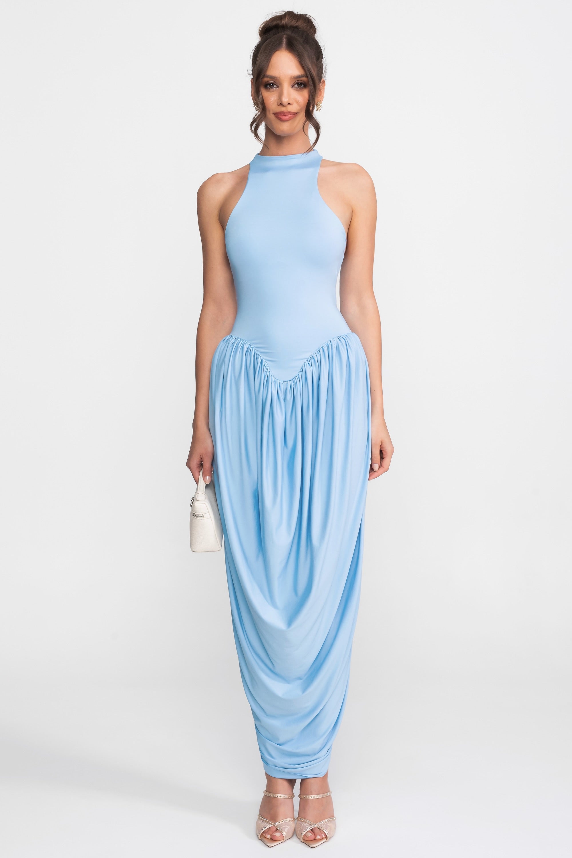 Halter-Neck Maxi Dress With Gathered Balloon Skirt - Light Blue