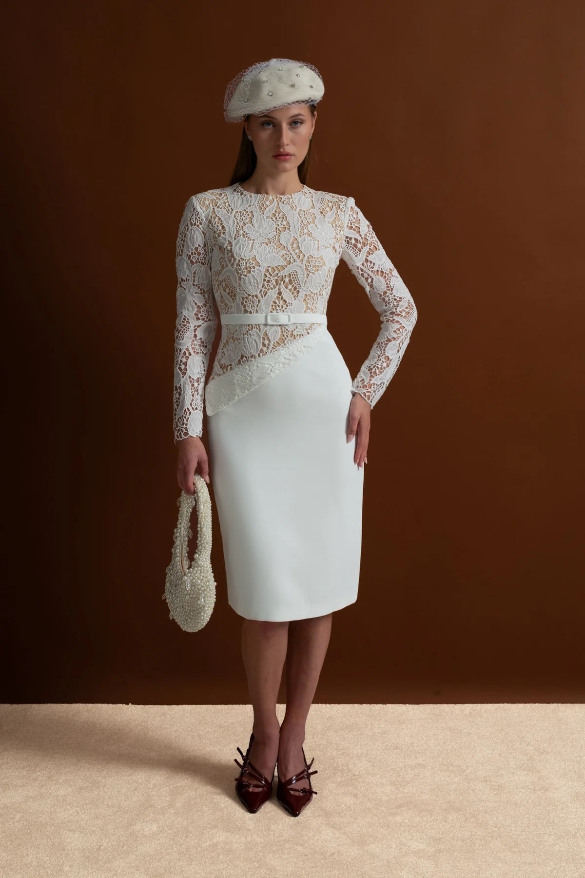 Elegant Midi Dress With Sheer Lace Bodice – White