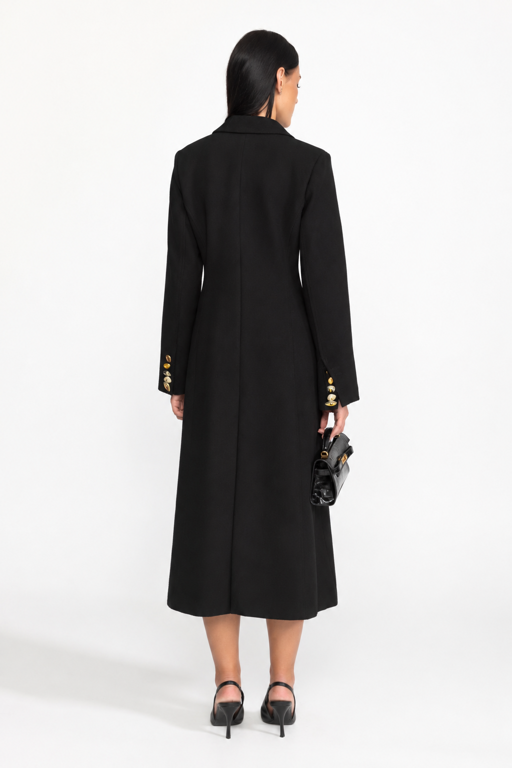 معطف طويل بقصّة مستقيمة بصفّين من الأزرار وياقة مزخرفة - أسود