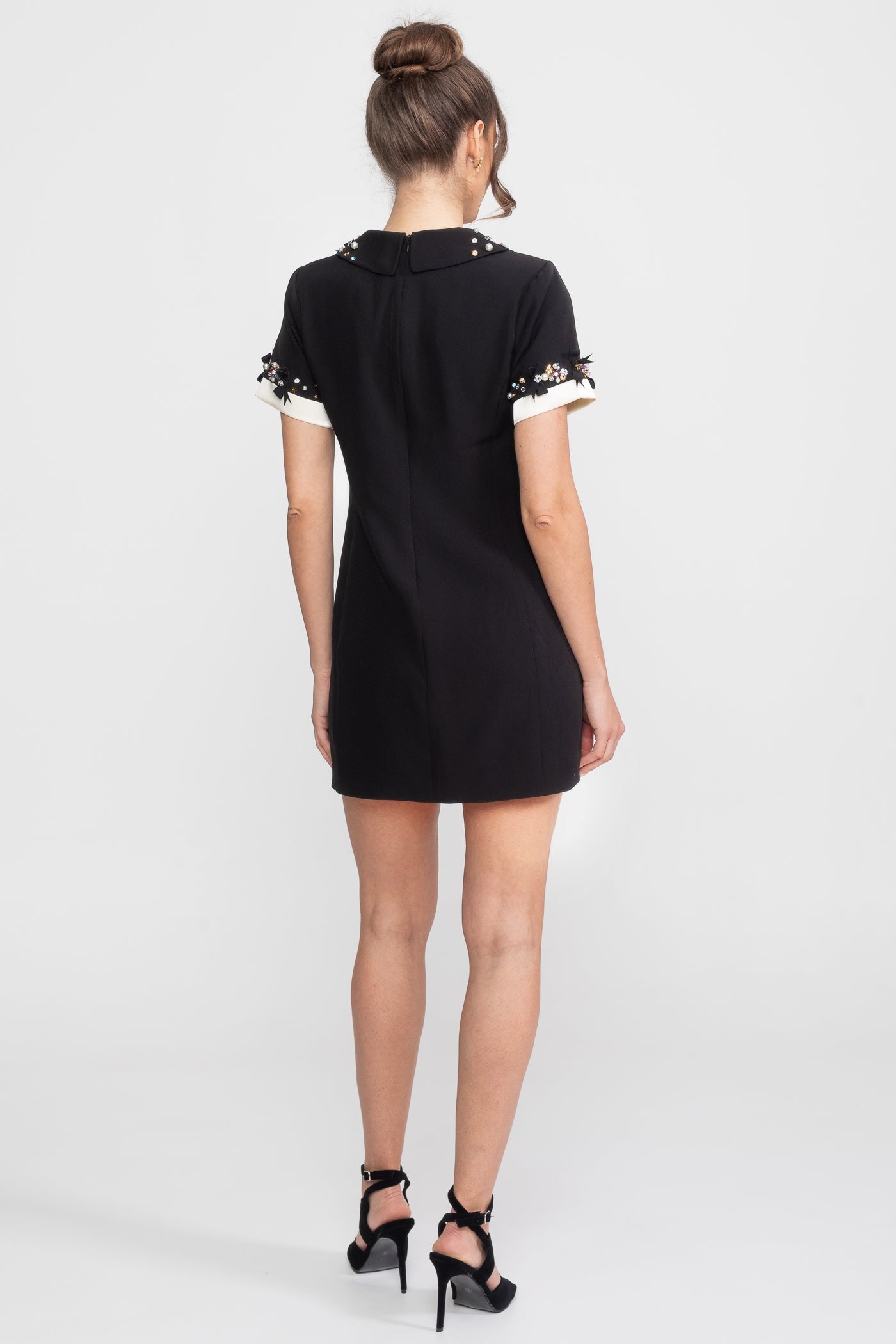 Mini Dress With Crystal-Embellished Peter Pan Collar And Jewel Cuffs - Black