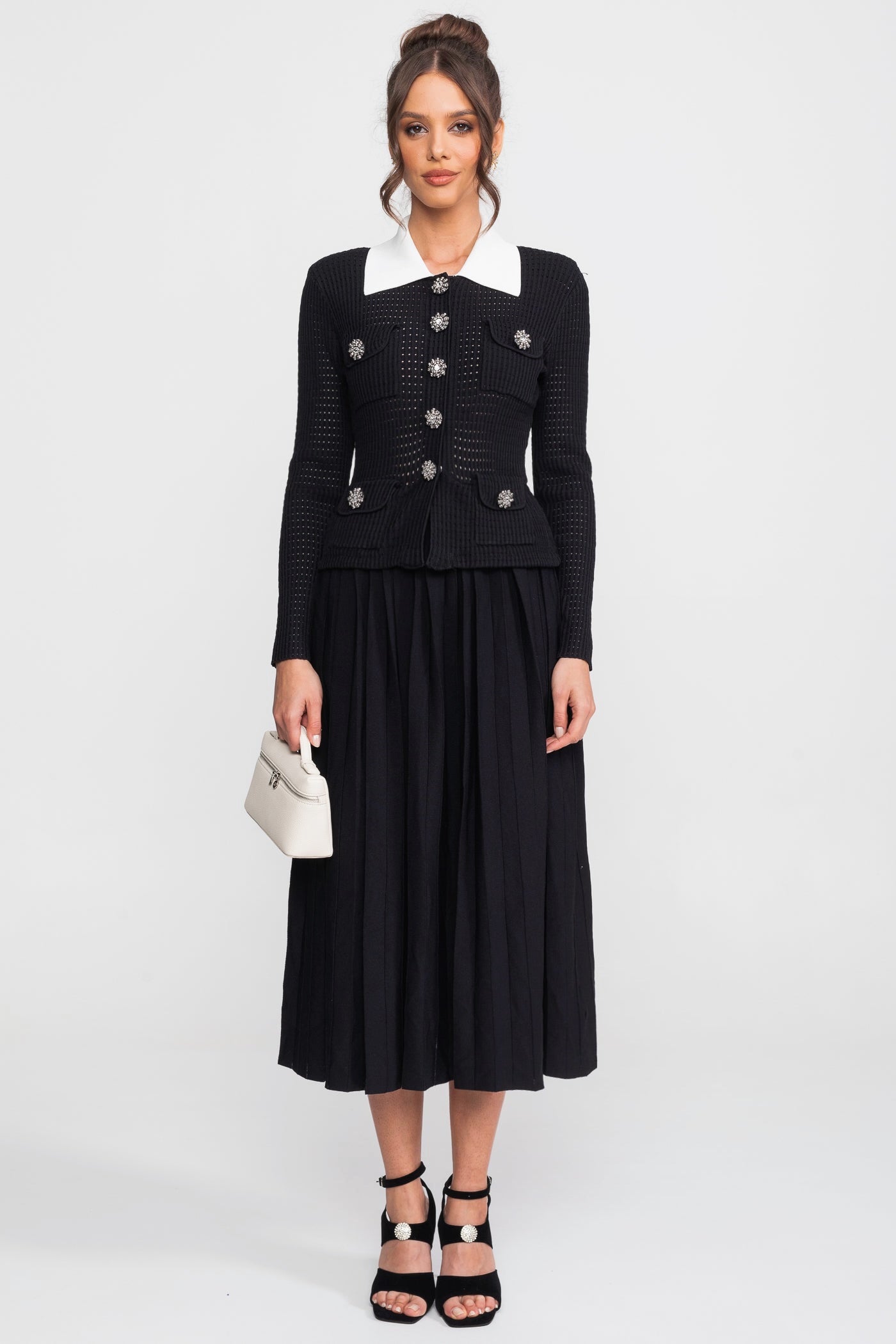 Open-Knit Dress with Pleated Midi Skirt - Black