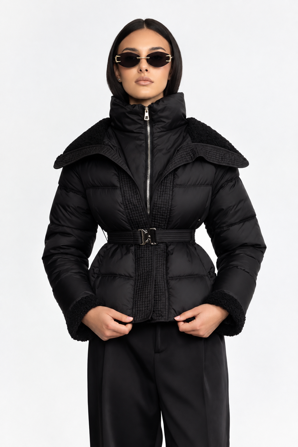 جاكيت puffer بحزام مع ياقة Teddy - أسود