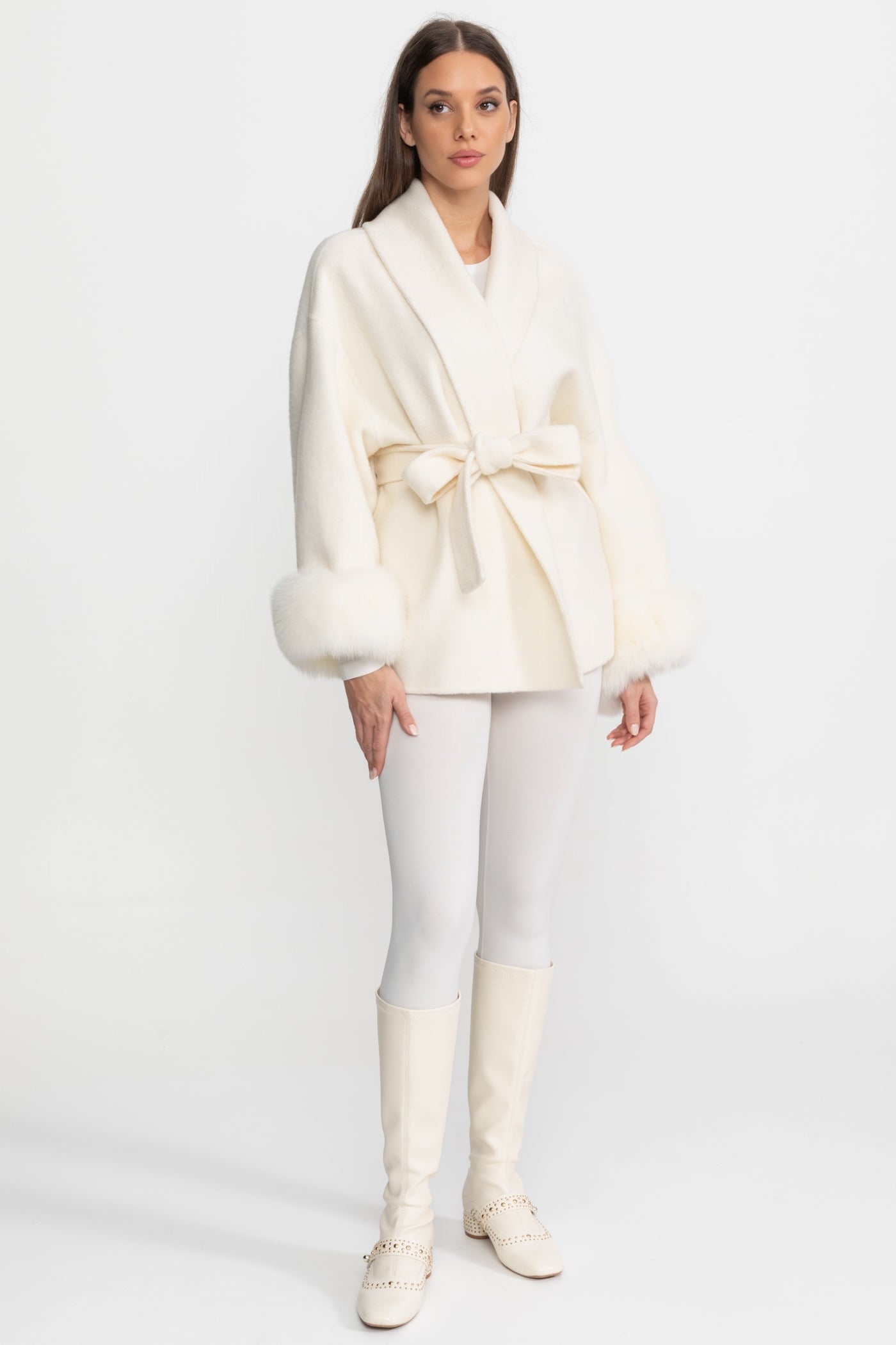 Wool Blend Wrap Jacket with Fox Fur Cuffs - Ivoire