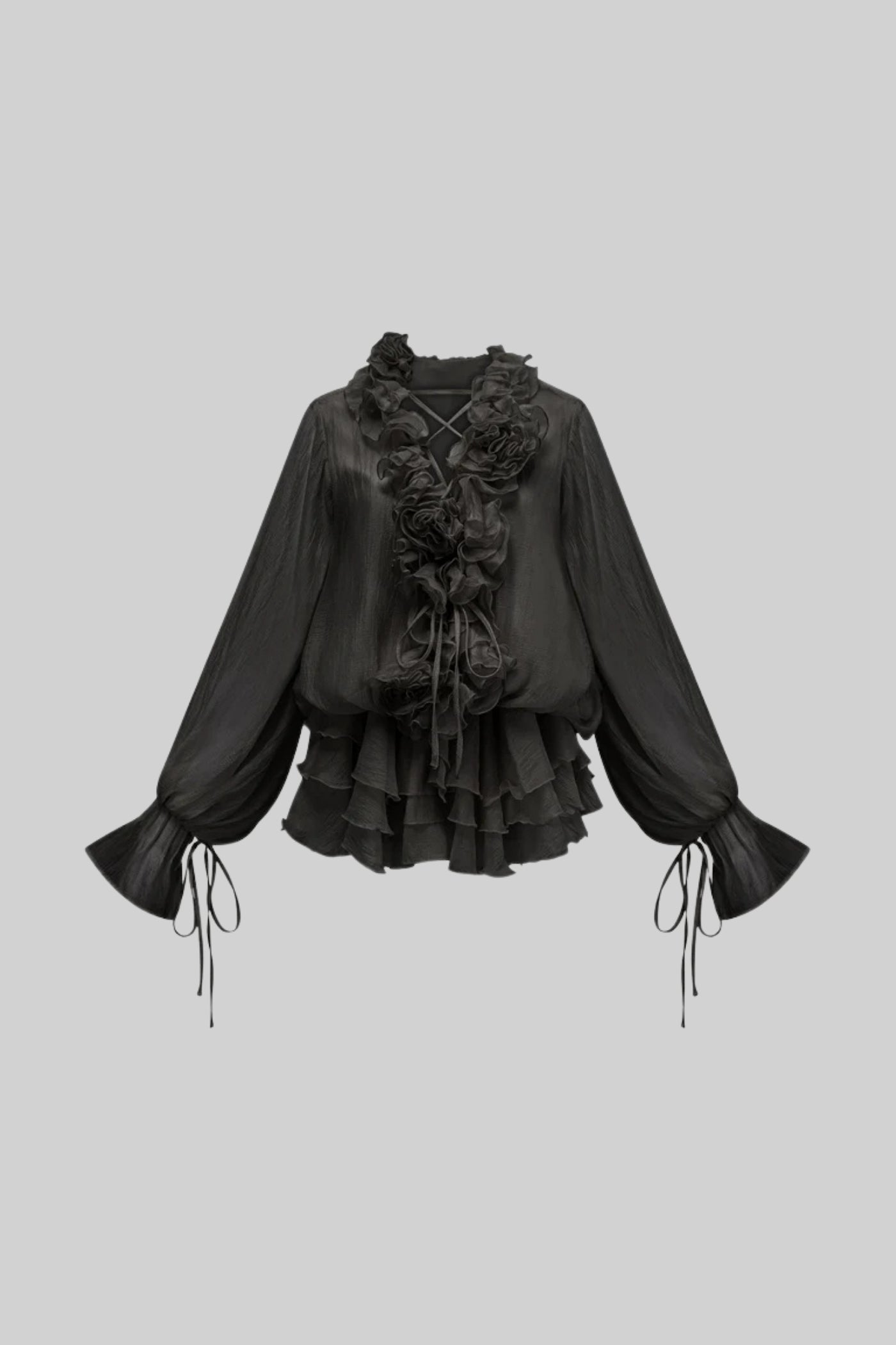Flowing Sheer Dress With Floral Appliques And Long Puffy Sleeves - Black
