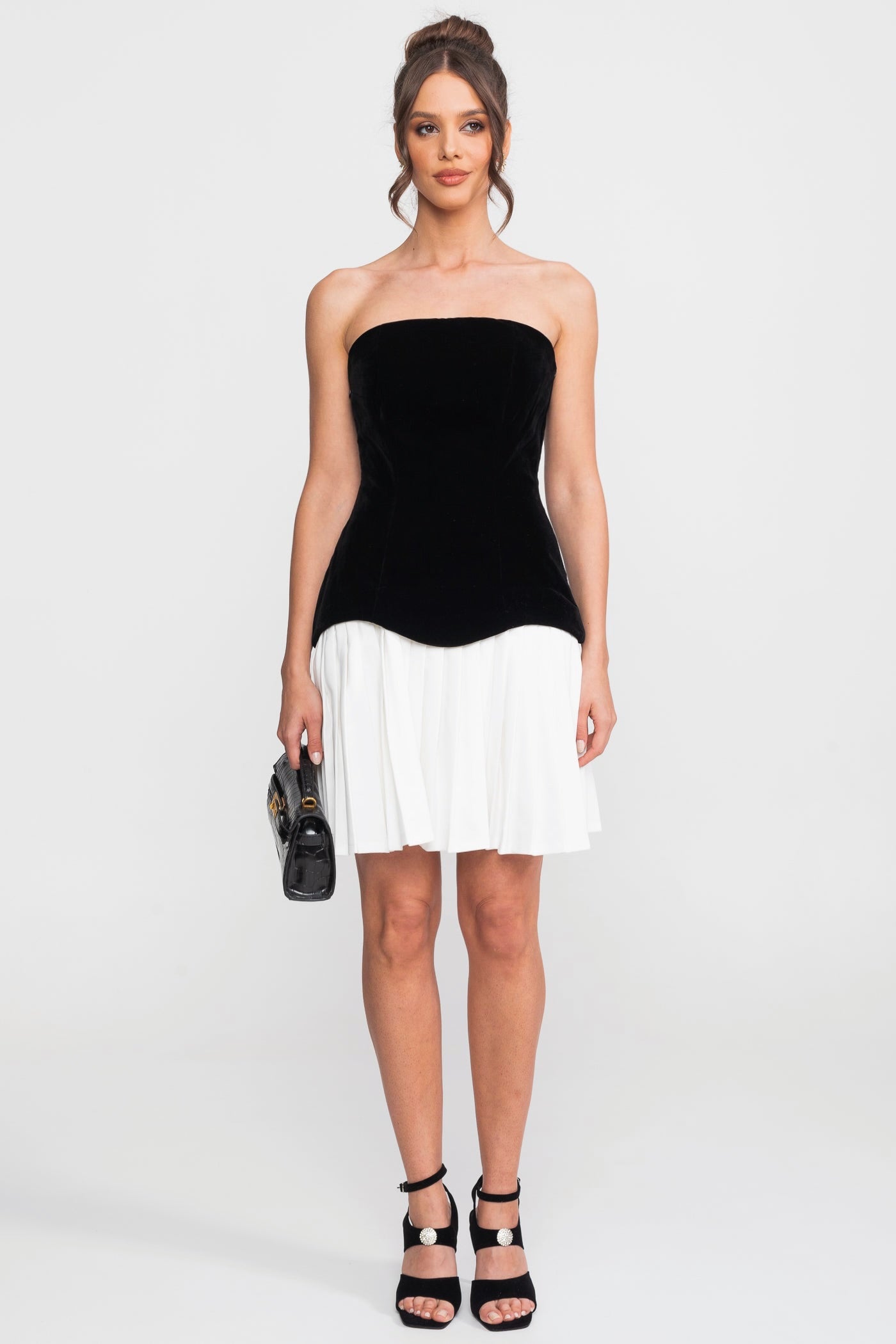 Strapless Velvet Mini Dress With Contrast Pleated Skirt - Black