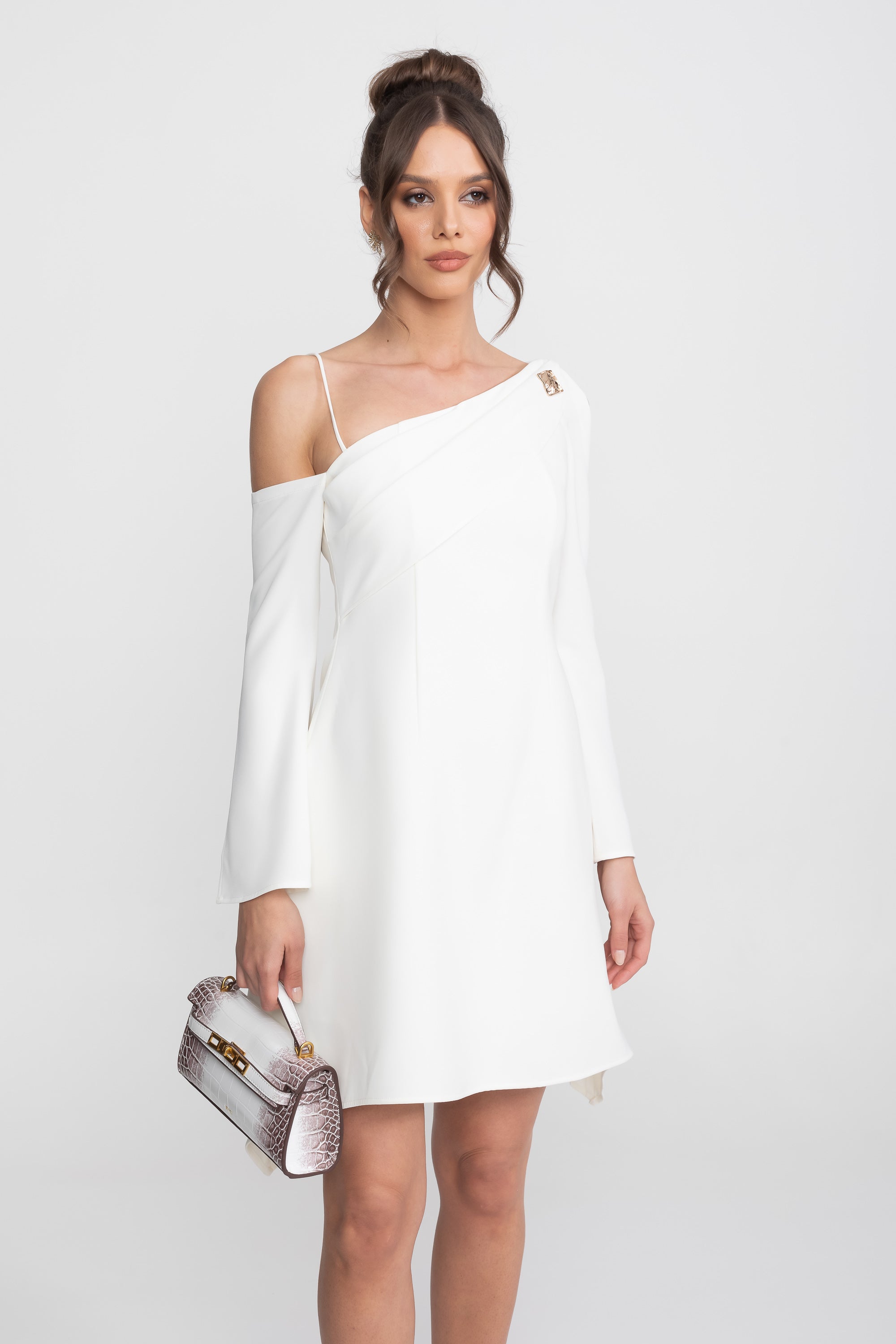 Asymmetric Cold-Shoulder Mini Dress With Long Sleeves And Gold Brooch - White