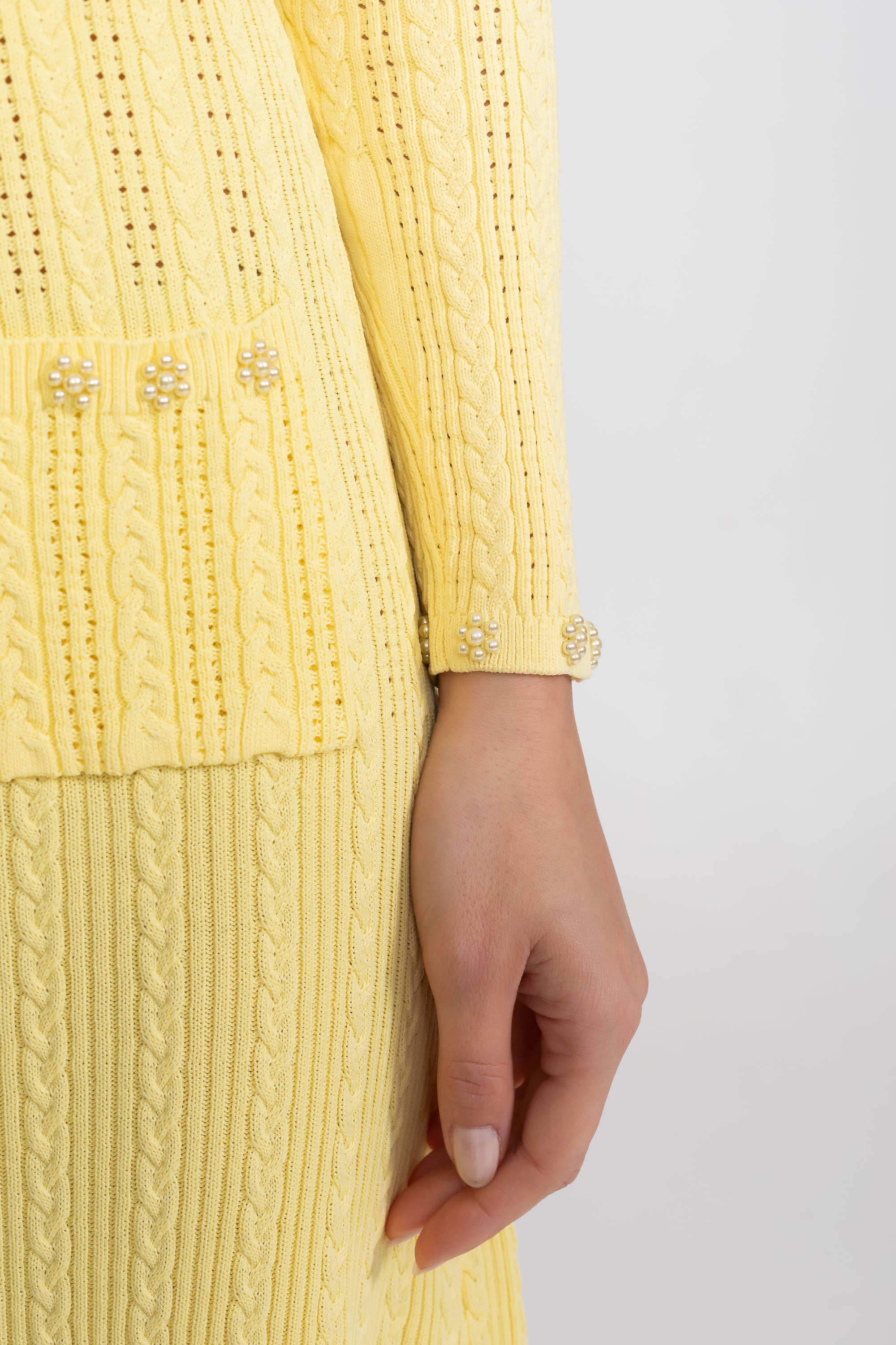 Ribbed Knit Dress and Cardigan Set With Pearl Button Detailing - Yellow