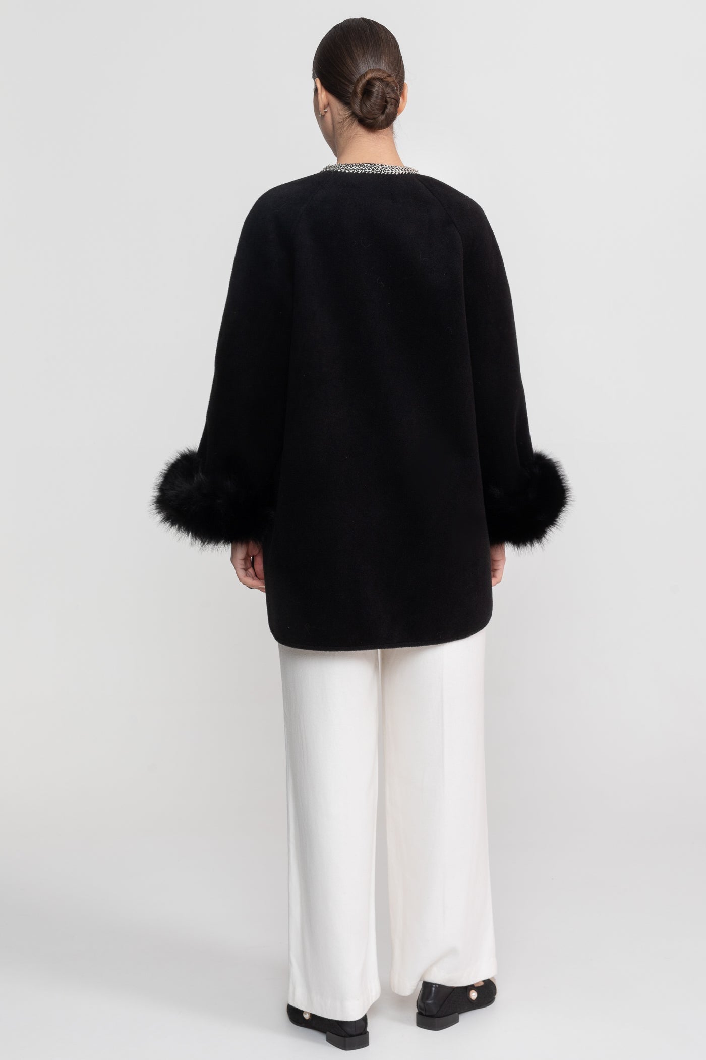 Longline Coat With Pearl Embellished Neckline And Fur Cuffs - Black