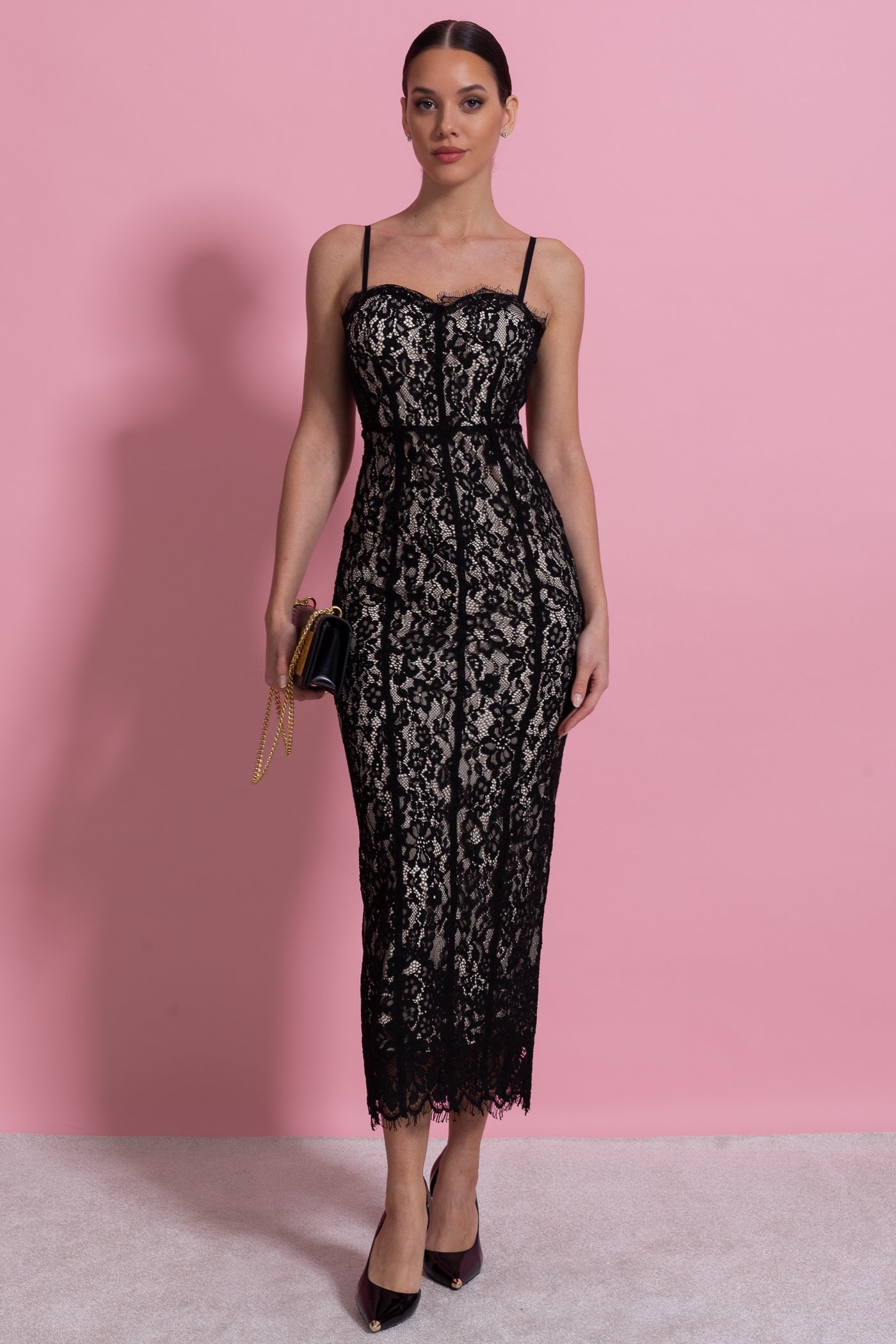 Lace Midi Dress With Sheer Corset Bodice - Black