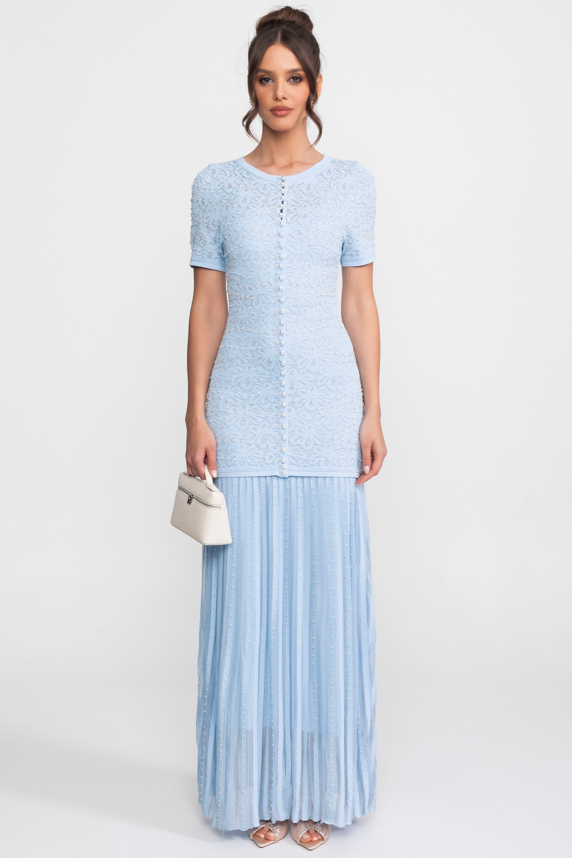 Short Sleeve Maxi Dress With Pearl Embellishments - Powder Blue