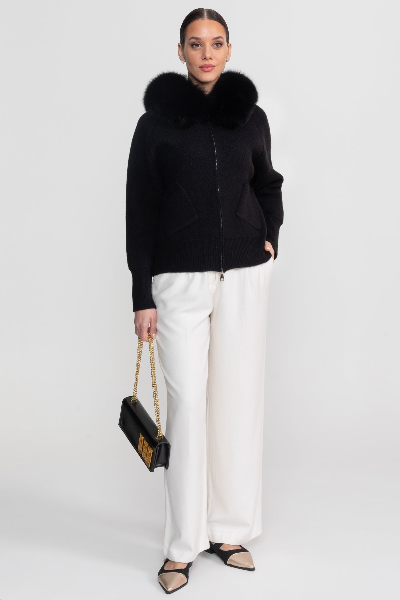 Zip-Up Wool Hoodie With Fox Fur Collar – Black