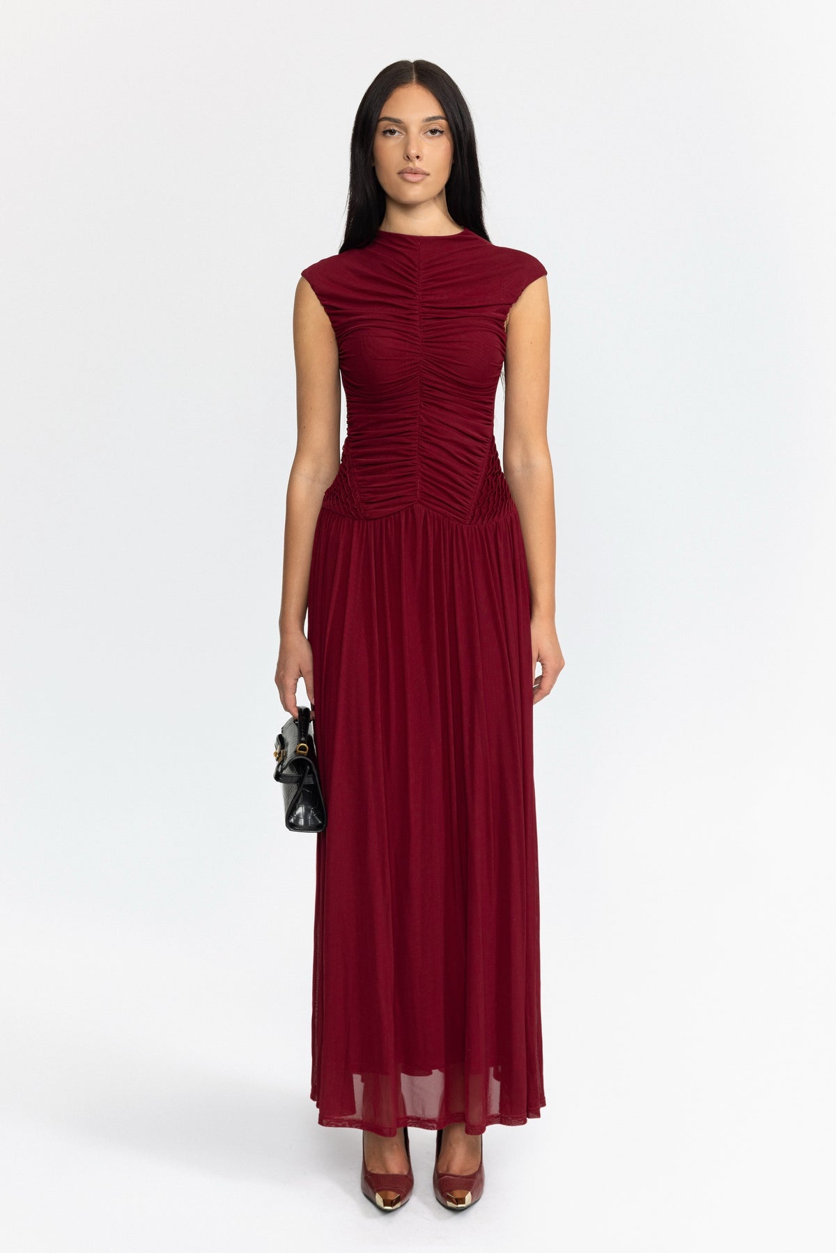 Ruched Mesh Drop Waist Maxi Dress - Wine