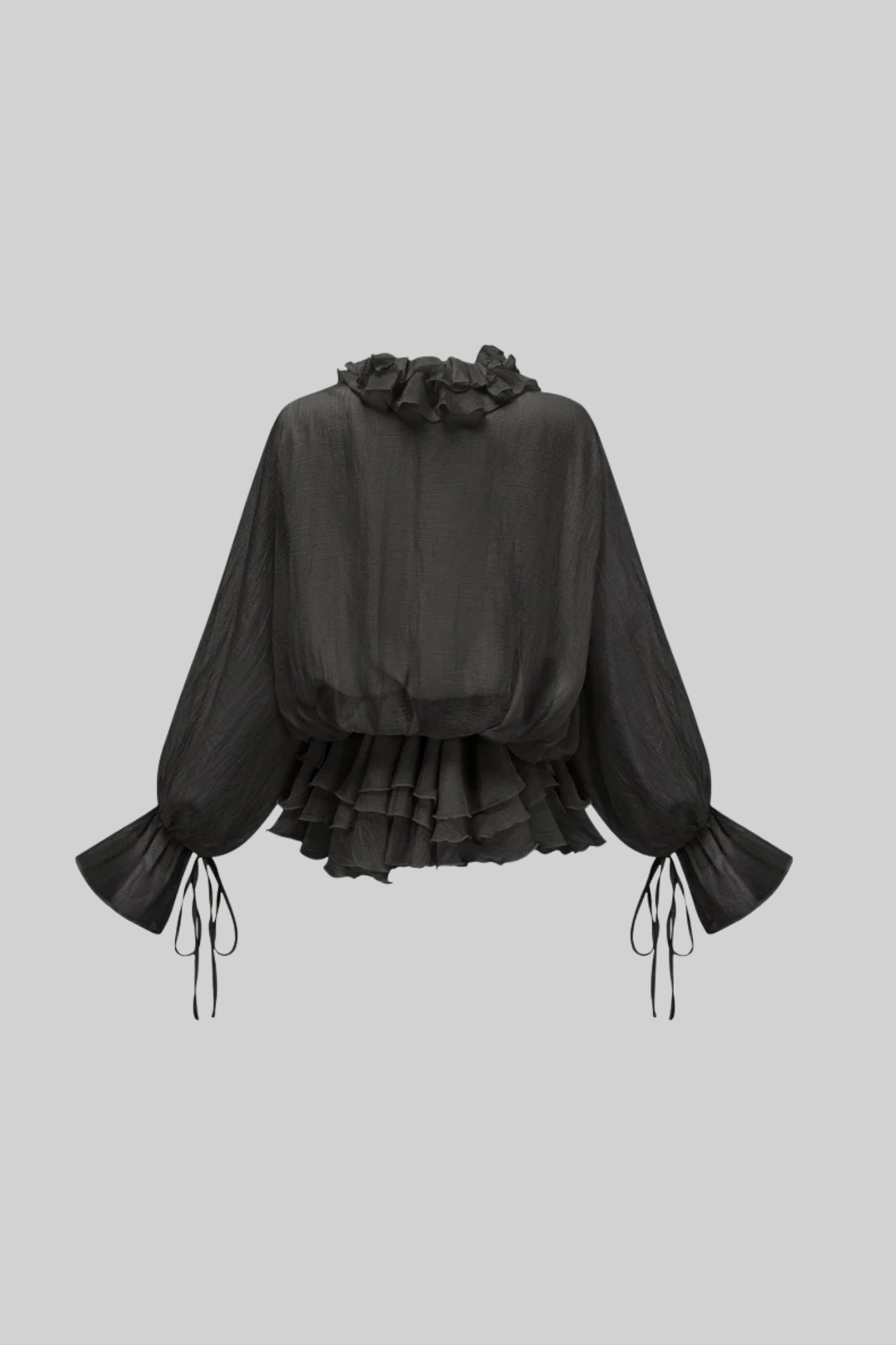 Flowing Sheer Dress With Floral Appliques And Long Puffy Sleeves - Black