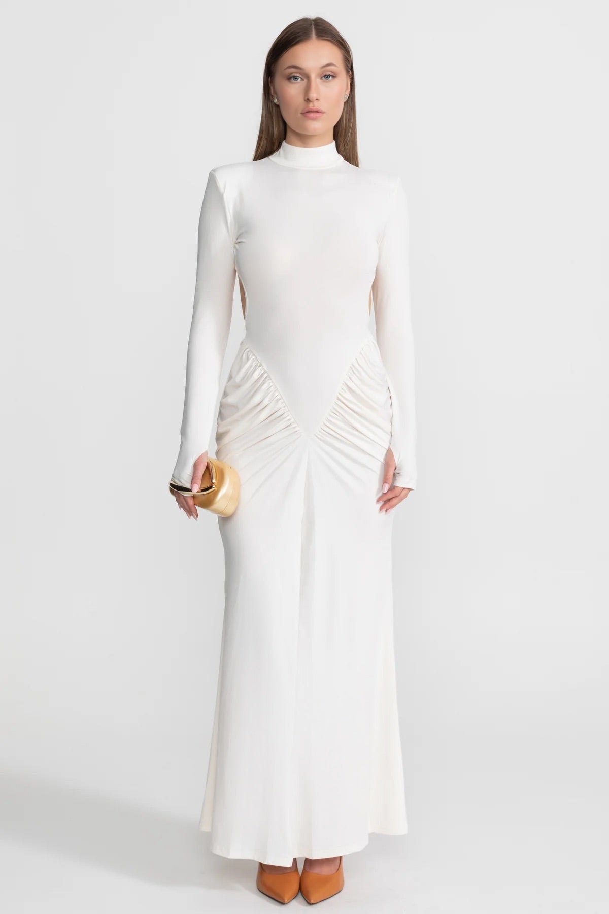 Ruched Maxi Dress With Side Cutouts – White