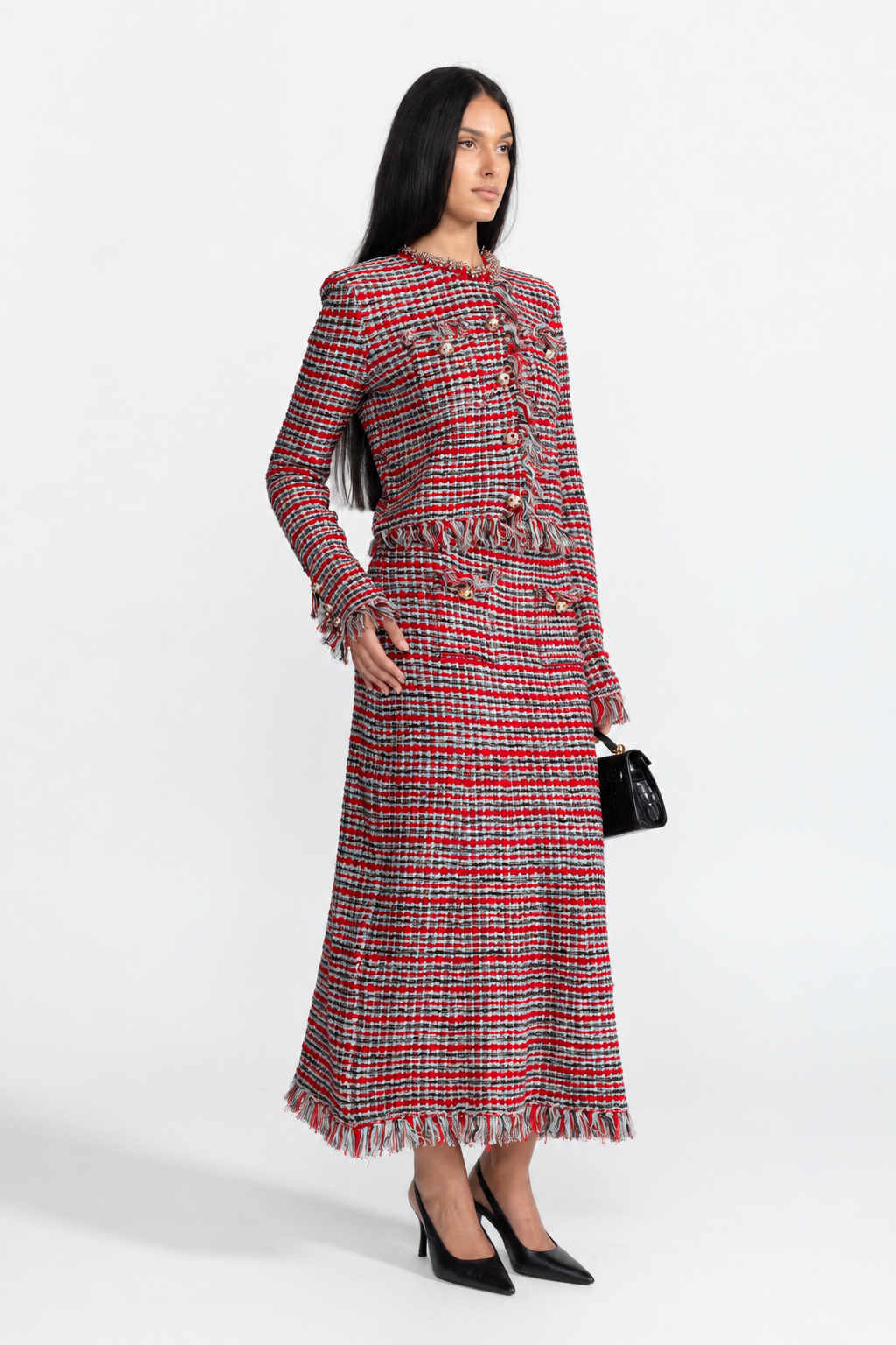 Fringed Tweed Jacket and Midi Skirt Co-ord Set - Red Multi