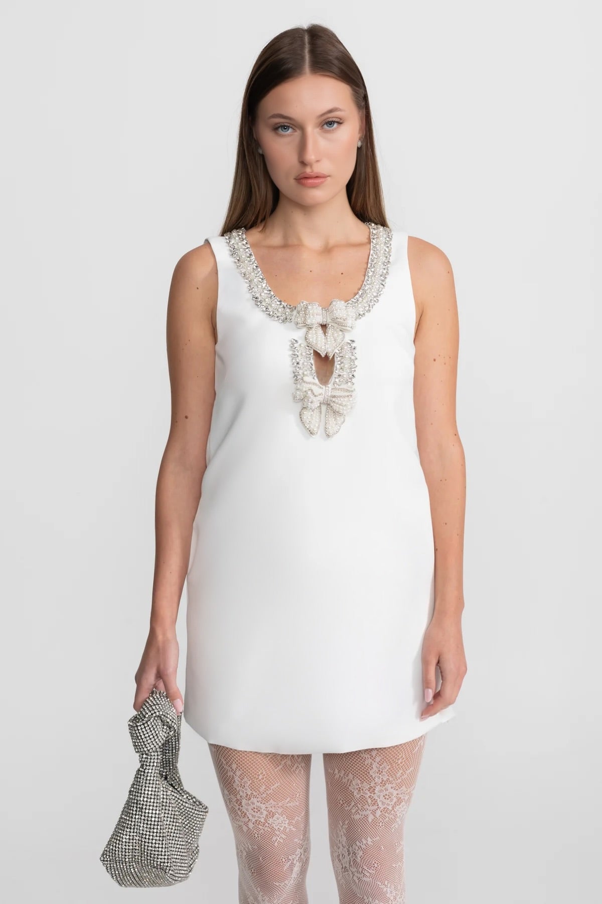 Embellished Pearl Bow Detail Mini Dress – White