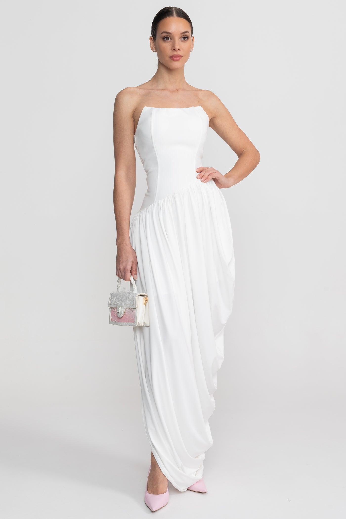 Strapless Maxi Dress With Asymmetric Draped Skirt - White