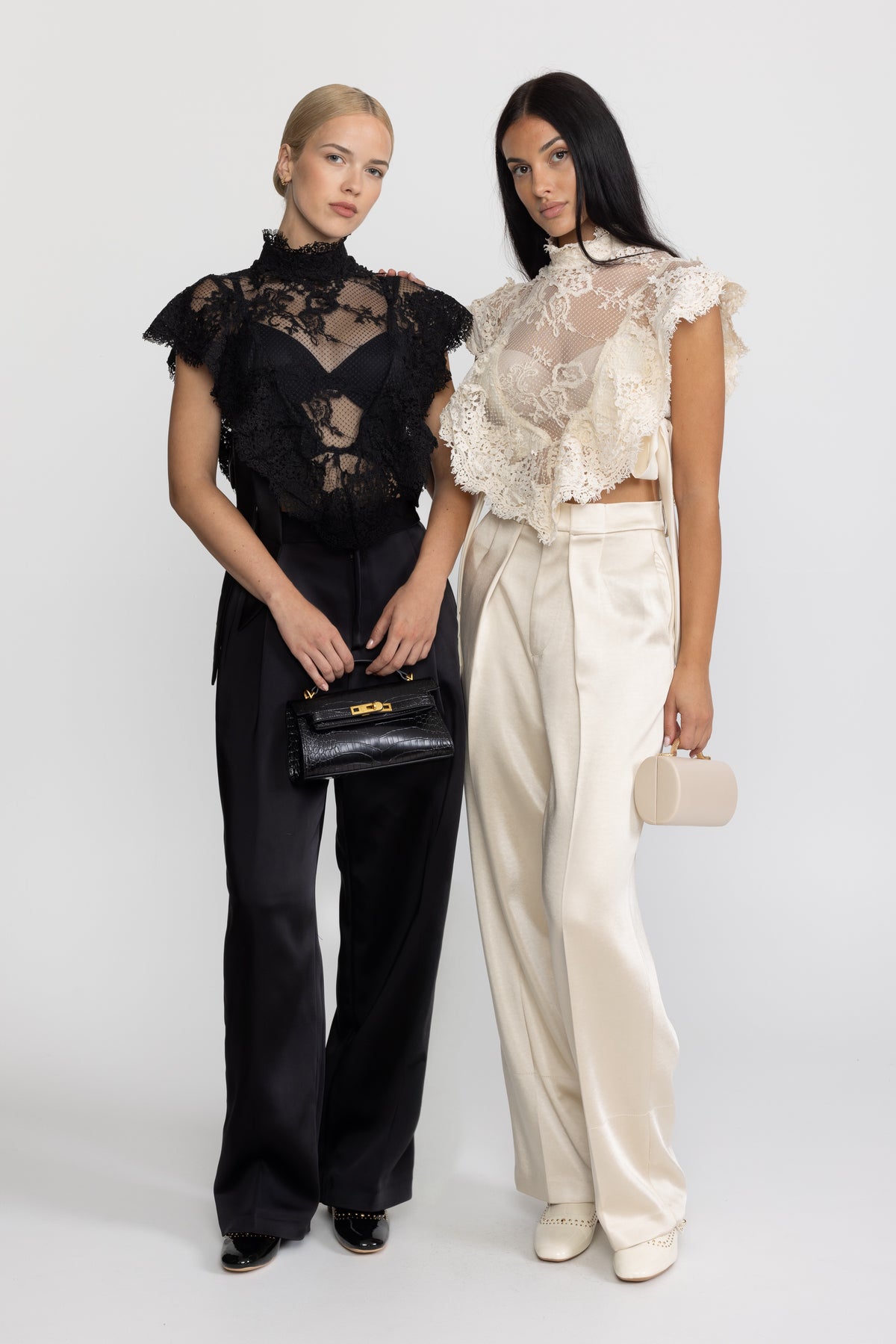 Sheer Lace Ruffle Mock Neck Top - Black