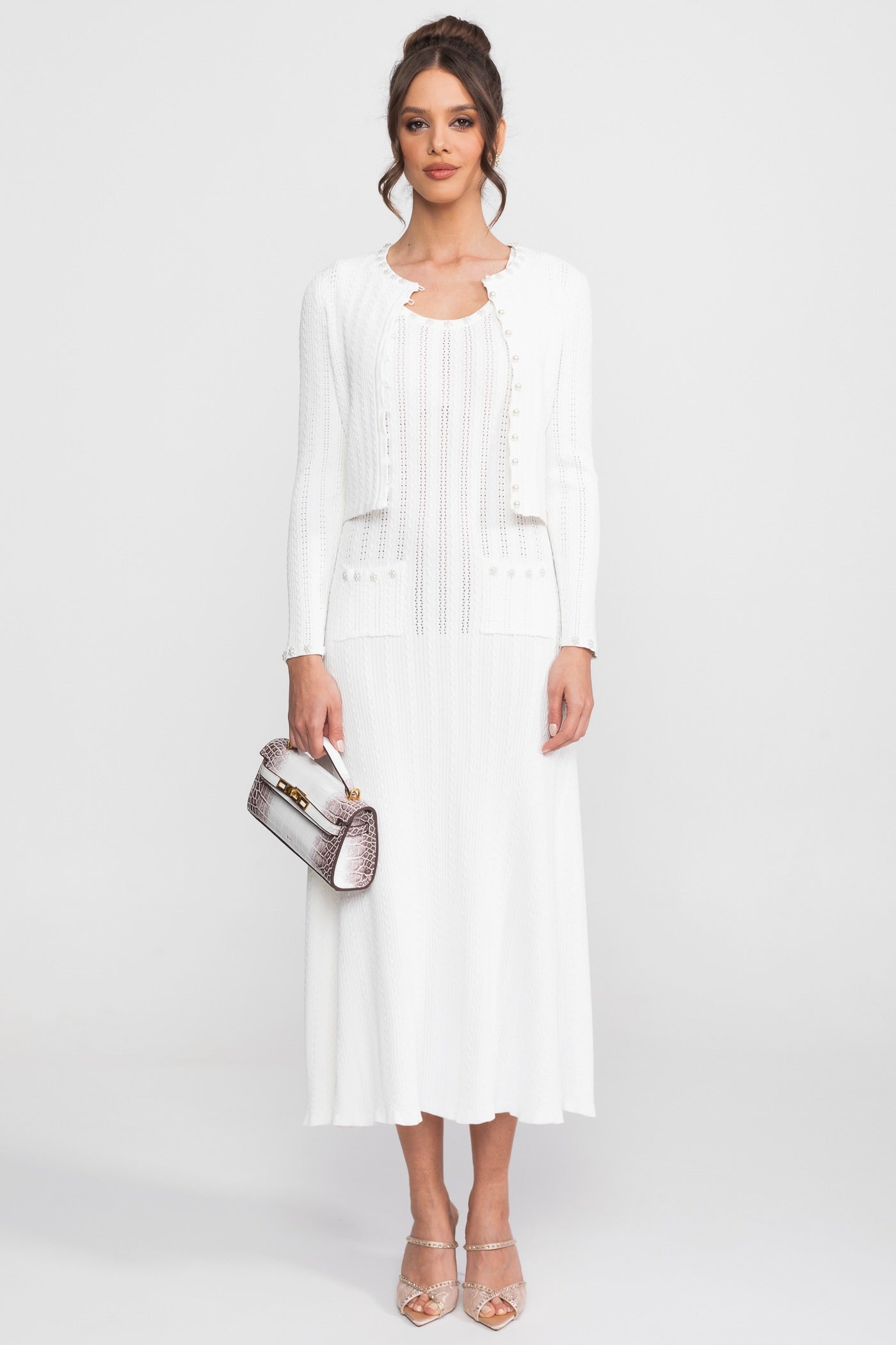 Ribbed Knit Dress and Cardigan Set With Pearl Button Detailing - White