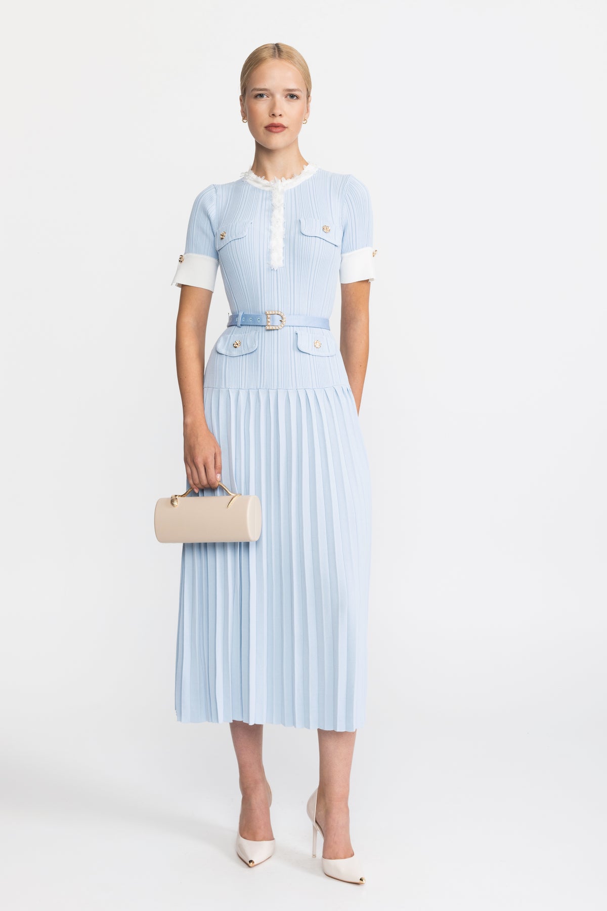 Pleated Knit Ruffle Trim Midi Dress - Light Blue