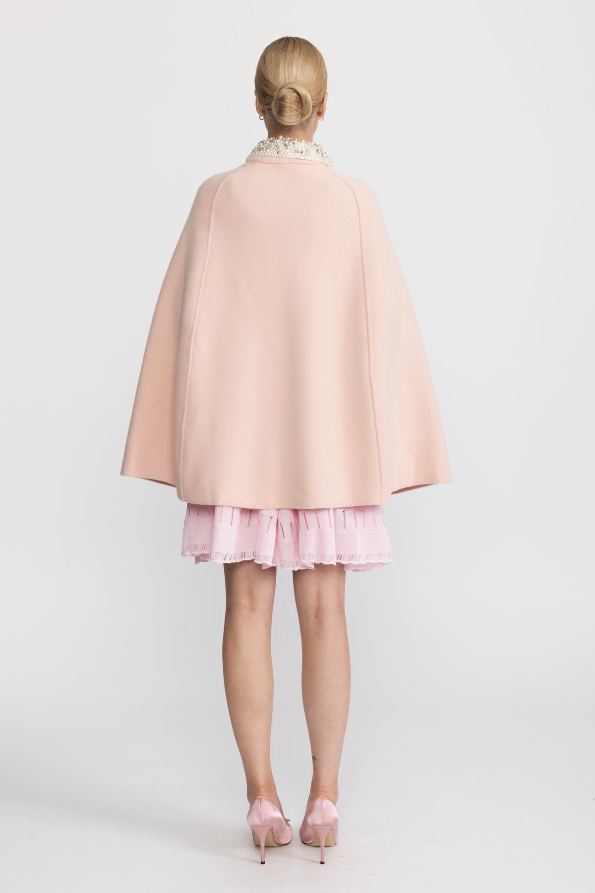 Pearl Embellished Collar Cape with Faux Fur Pockets - Pink